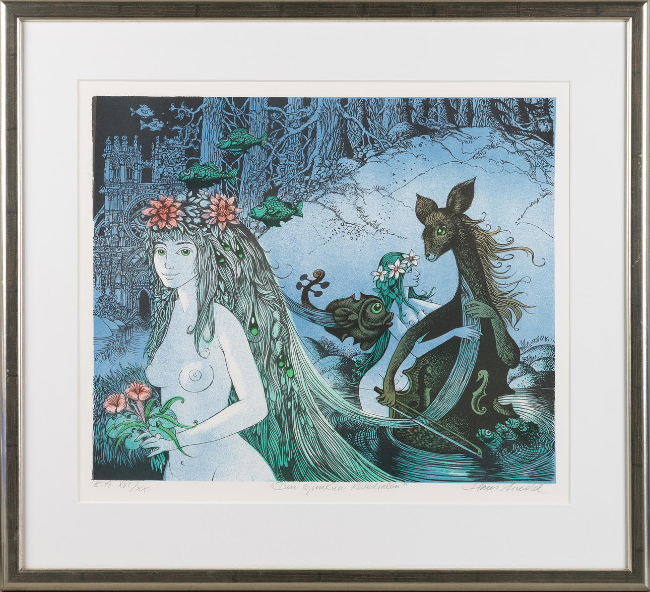 HANS ARNOLD. “The Sinking Cathedral”, color lithograph, signed.