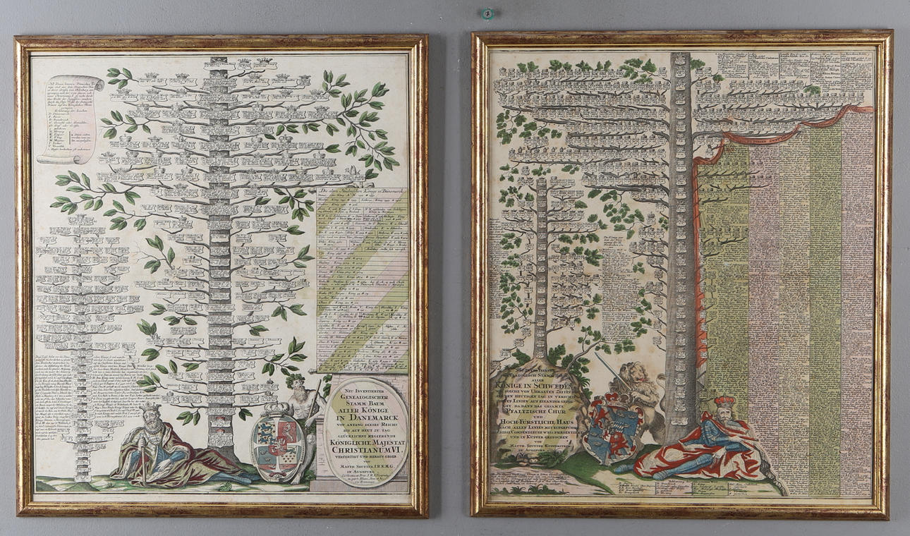MATTHÄUS SEUTTER. Kolorerade gravyrer, 2 st, Familjeträd över Sveriges samt Danmarks kungahus, Augsburg 1740-tal.