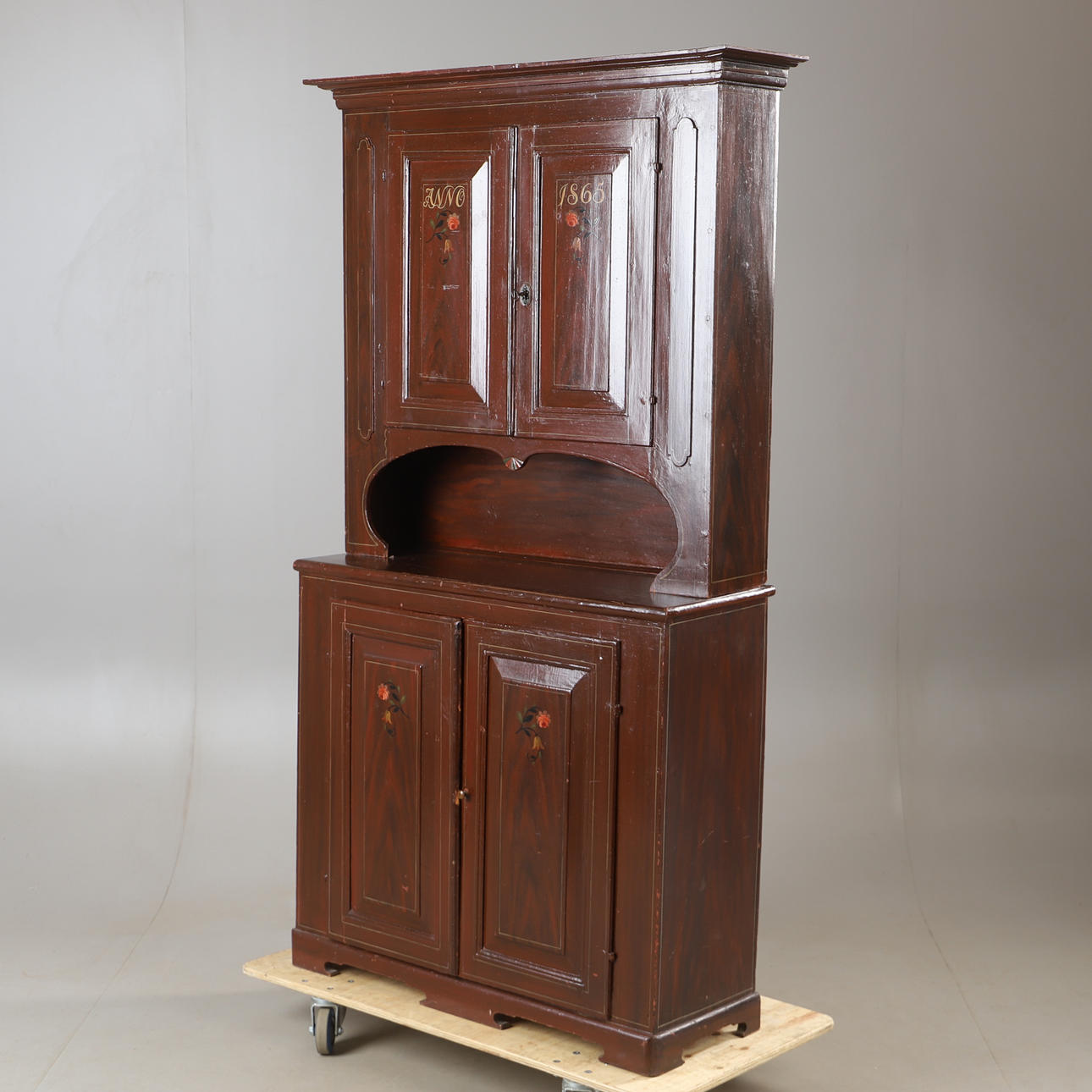 CABINET, painted pine, dated 1865, 2 pieces, allmoge.