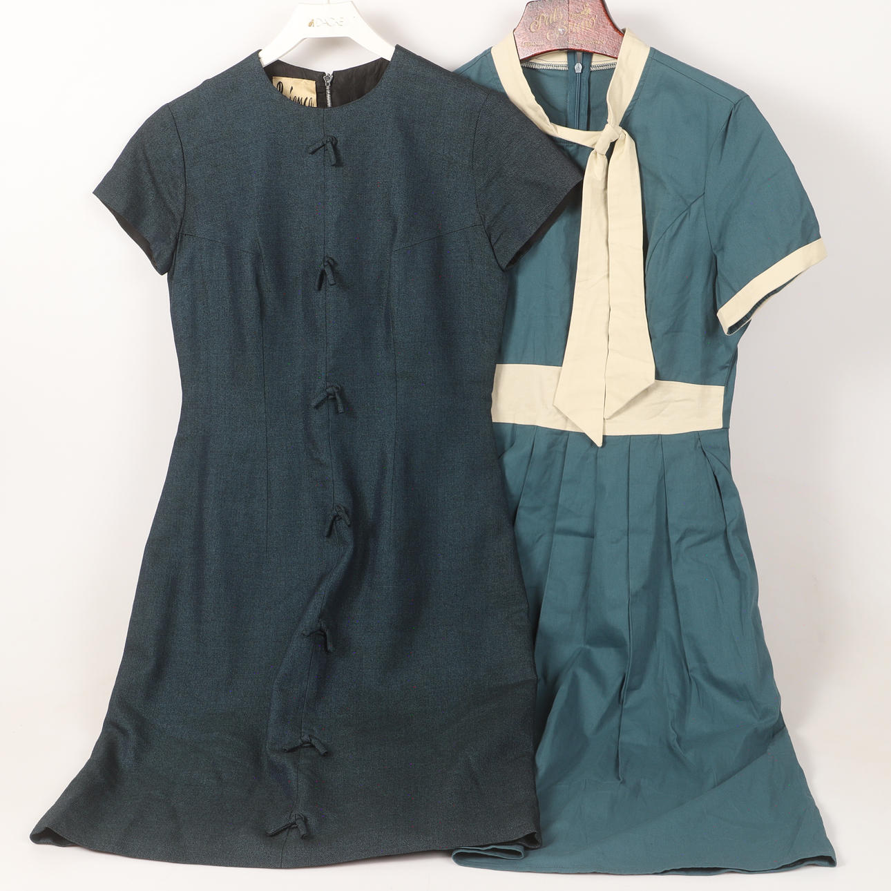 DRESSES, 2 pieces, wool/cotton, 1960-70s.