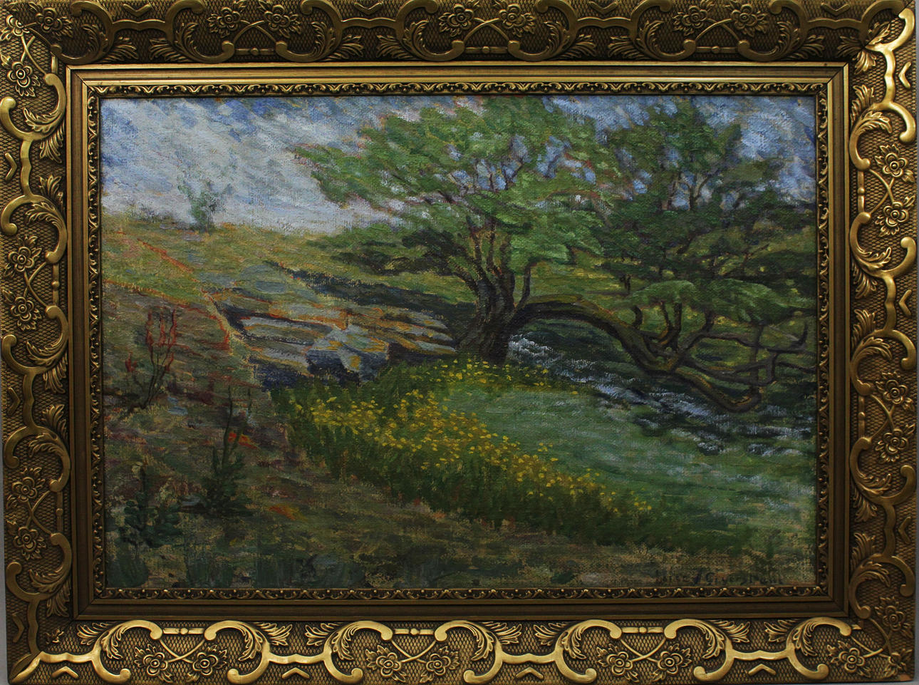 LOUISE AF GEIJERSTAM. Sommarlandskap. Olja på duk. Signerad.