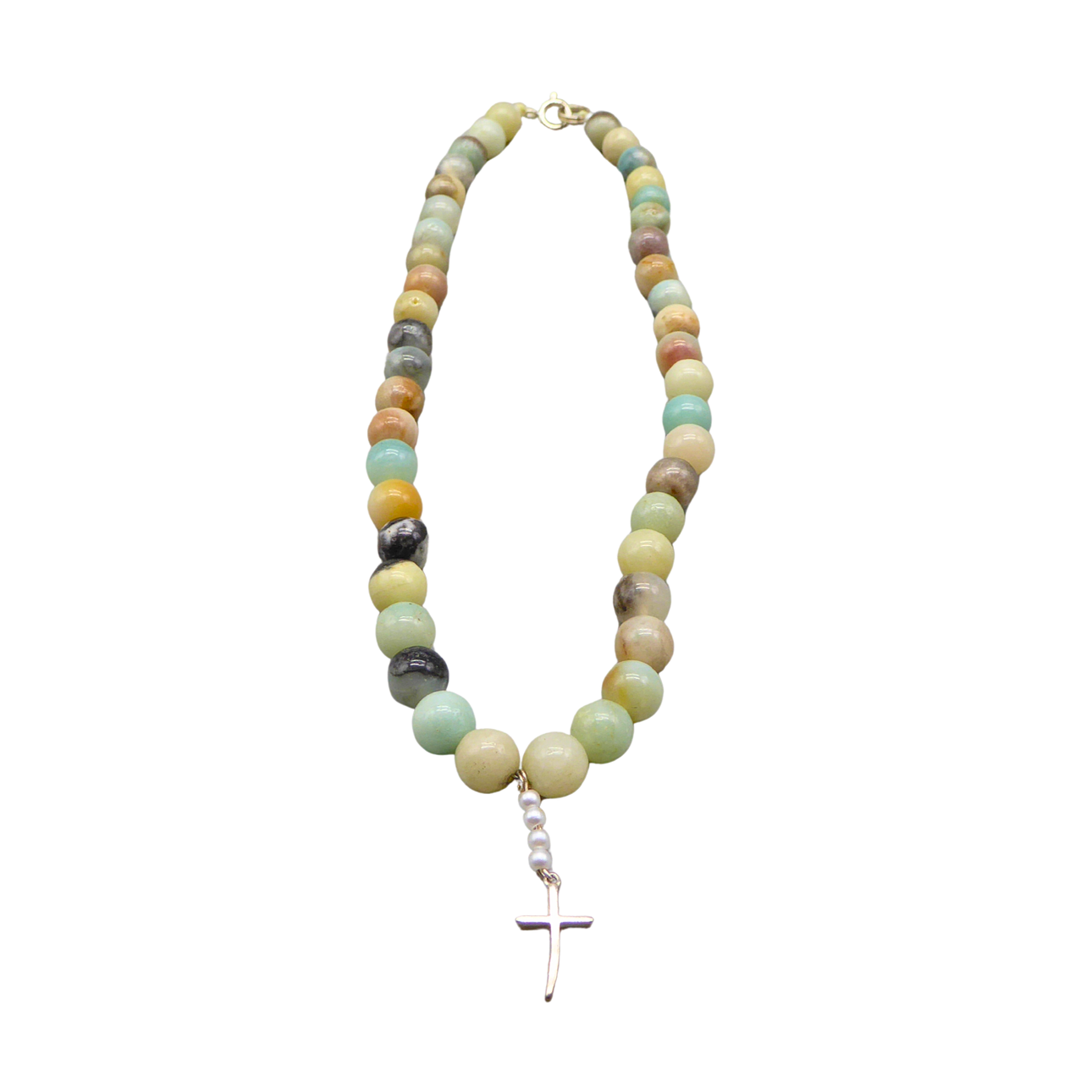 MONZONITE AND 925 SILVER PEARL NECKLACE.