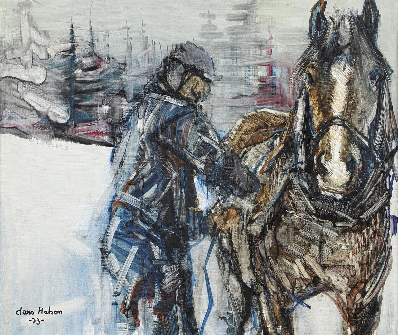 LARS MATSON. Oil on panel, “Man with horse”, signed, dated -73.