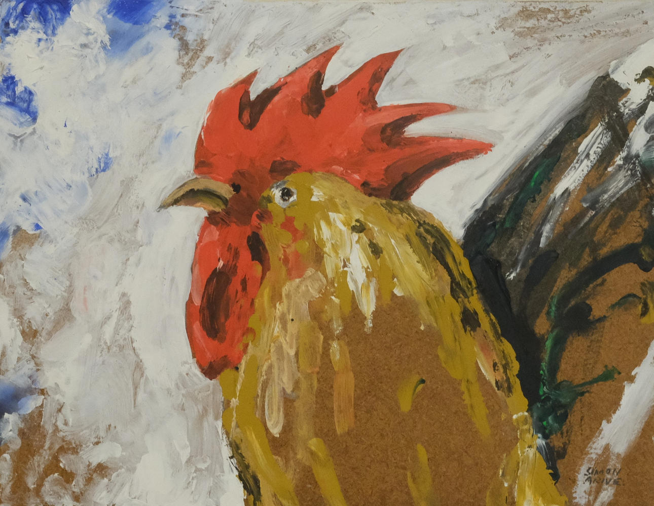 SIMON ARNE. ROOSTER, OIL ON PANEL.