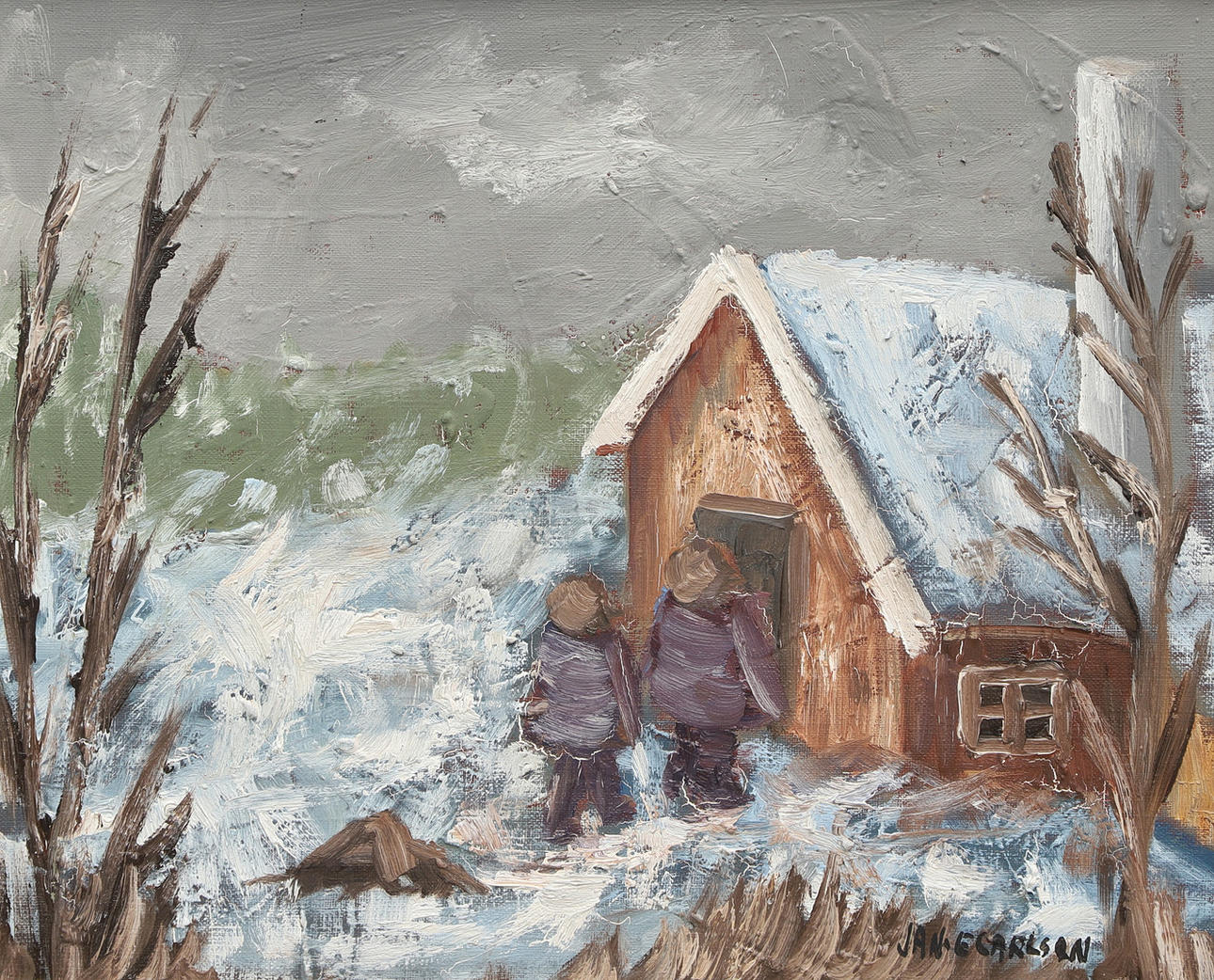 JAN-E CARLSON. Oil on canvas, “Winter Evening”, signed.