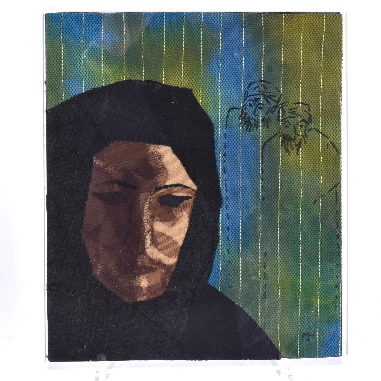 MONICA HALLBERG. textile application in plexiglass stands, “Observed”.