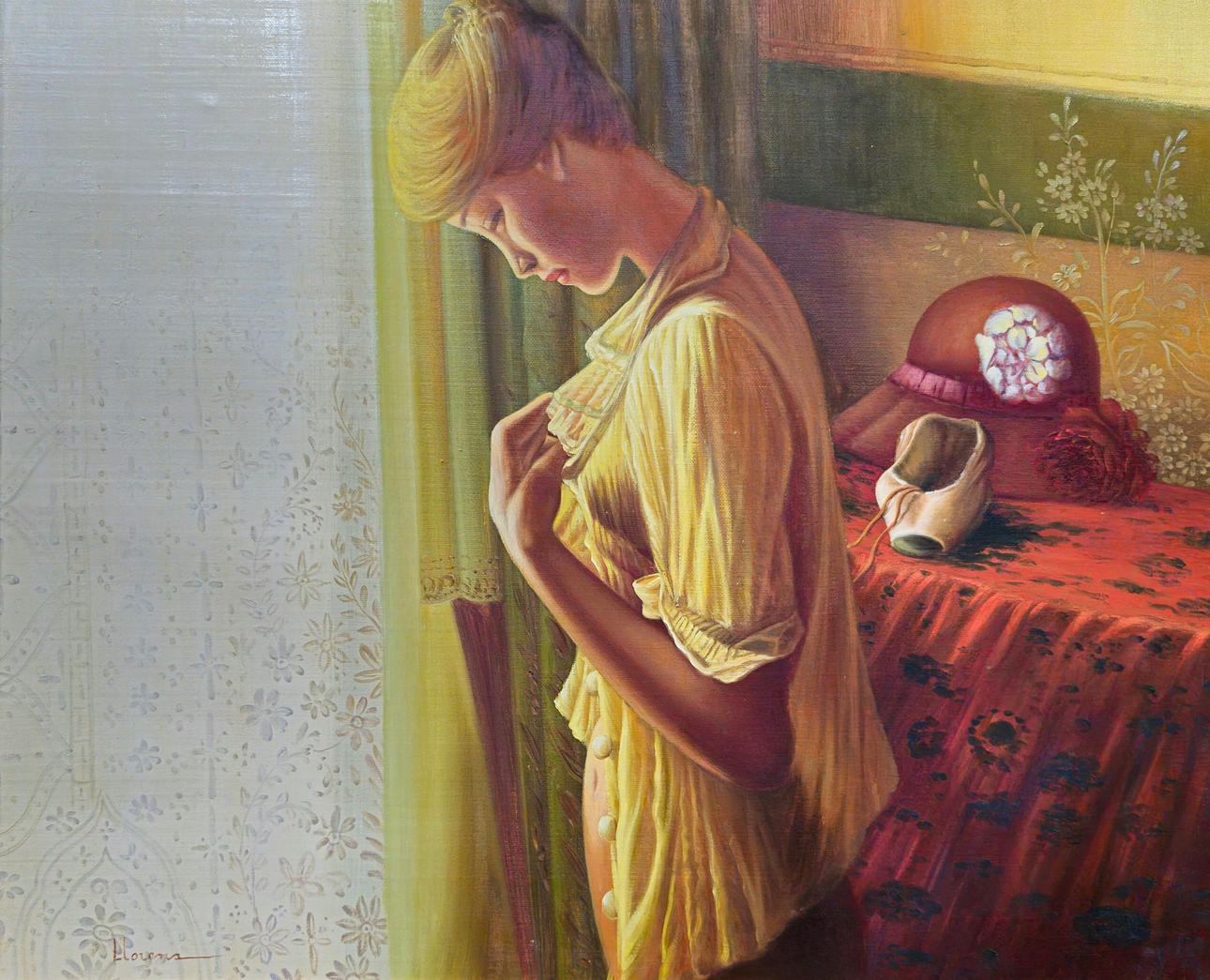 YOUNG MAN GETTING DRESSED. OIL ON CANVAS. SIGNED “LLORENÇS”.