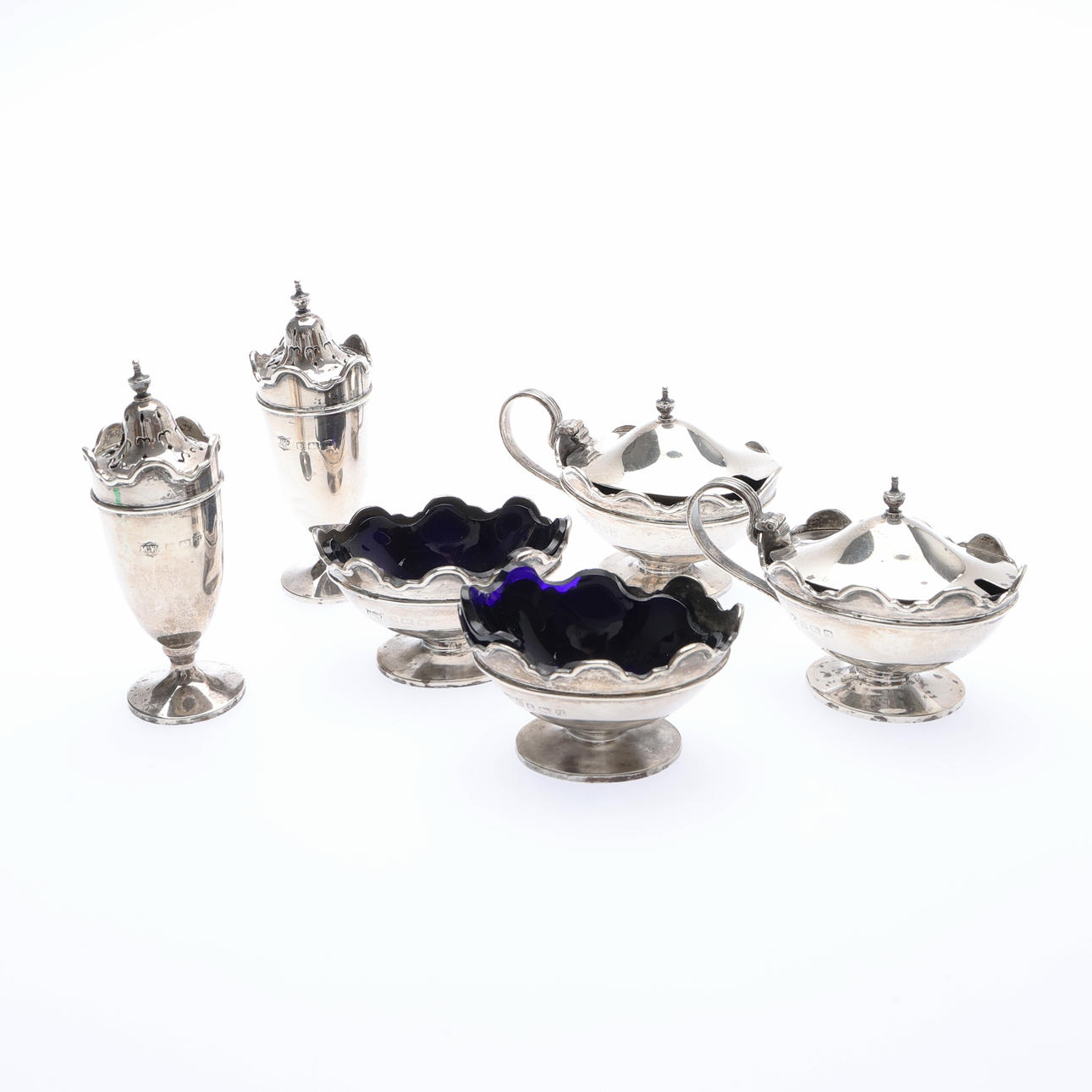 2 GEORGE V SILVER 3 PIECE CRUET SETS. (10).