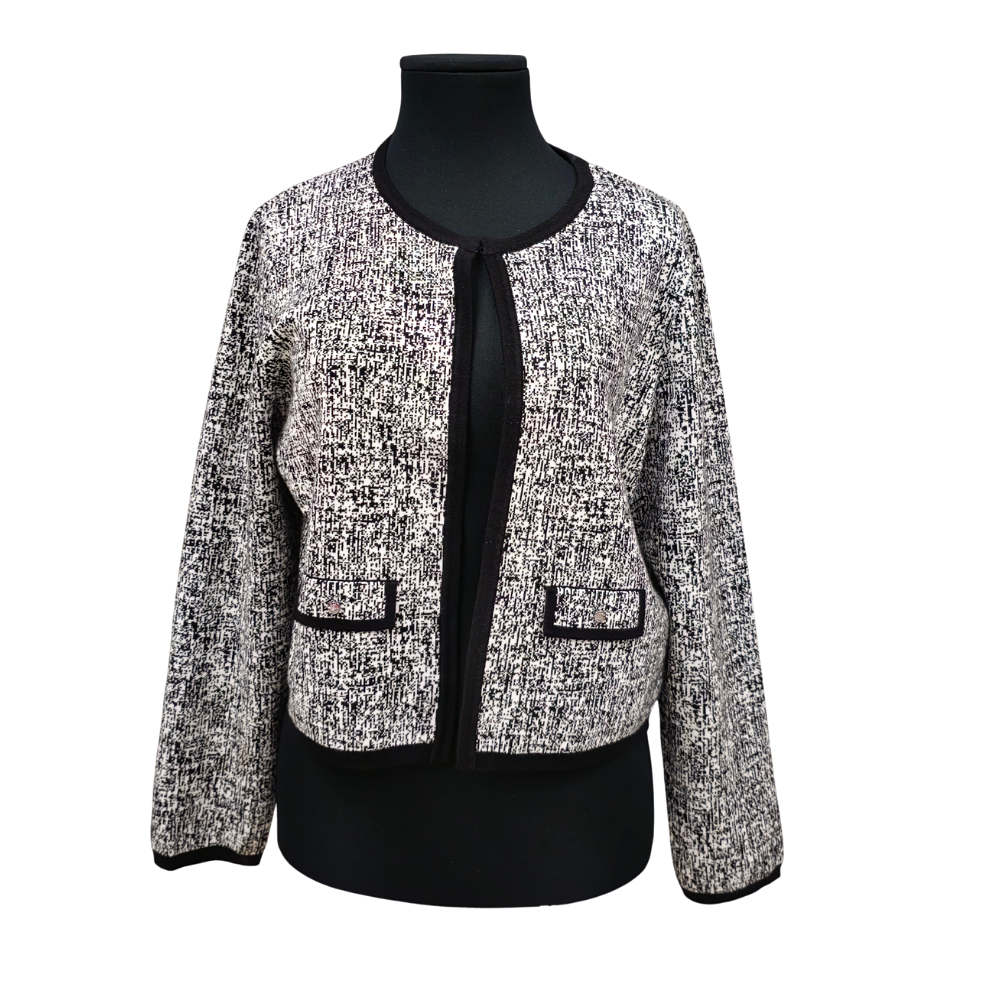 DONNA KARAN, MOTTLED BLACK AND WHITE KNITTED JACKET.
