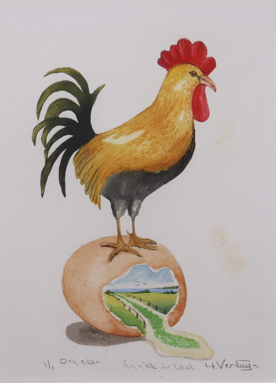 HANS VERDUIJN. etching, “The Egg Is Loose”.