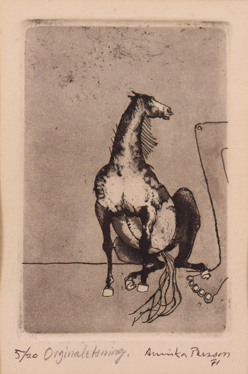 ANNIKA PERSSON. etching, seated horse.