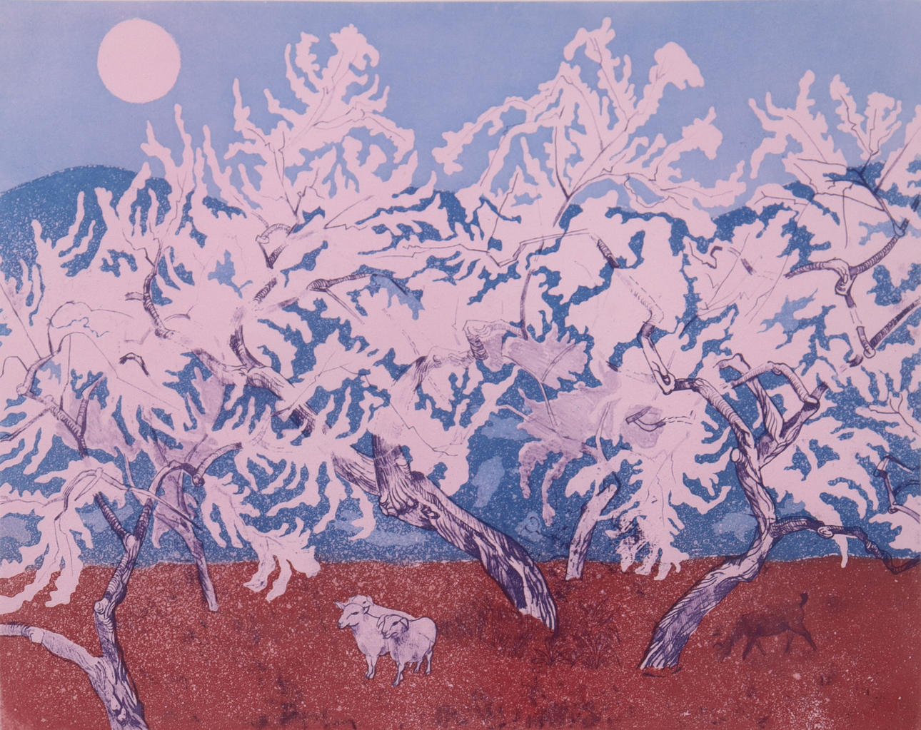 FERDINAND FINNE. aquatint etching, almond tree, Mallorca.