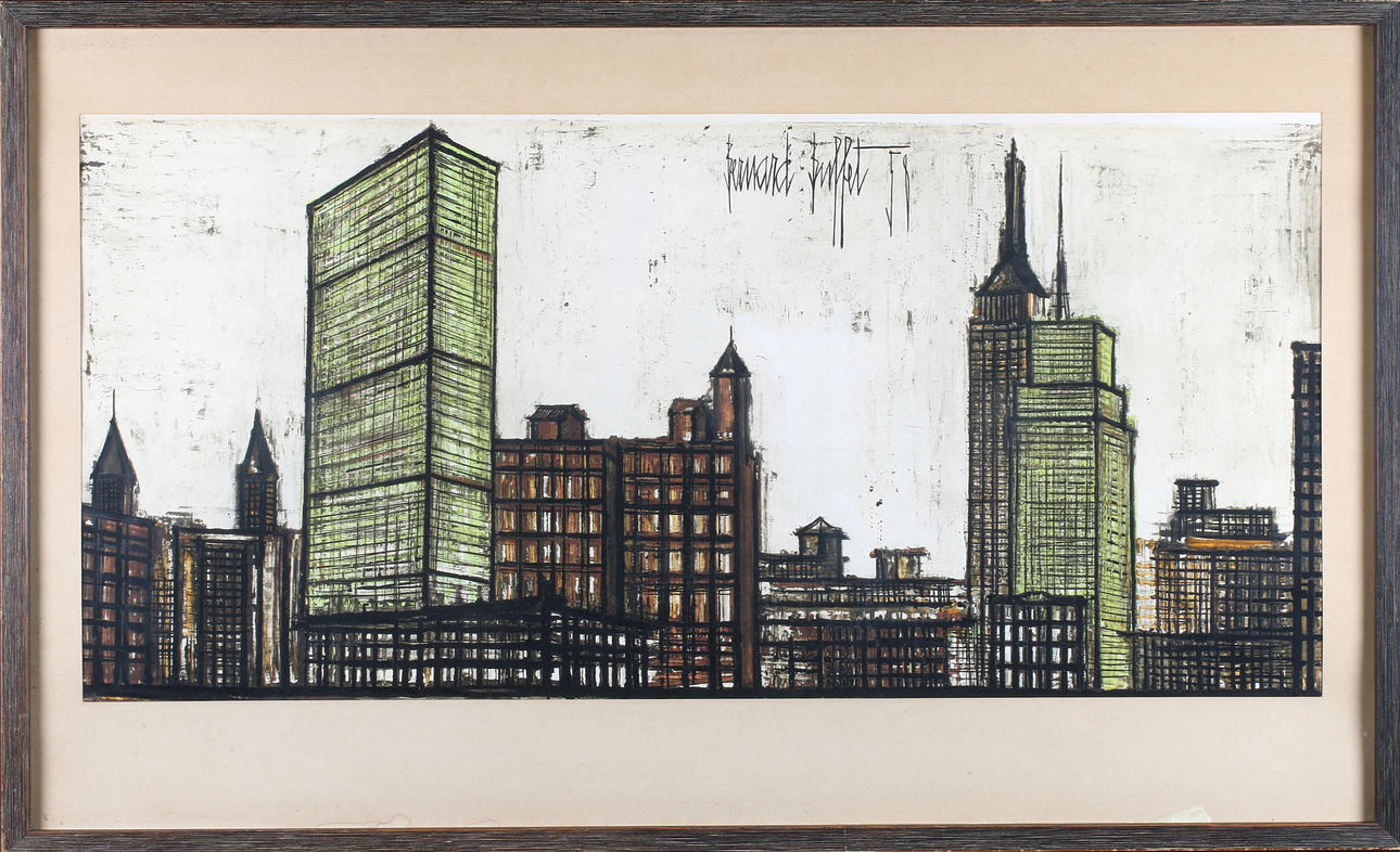 BERNARD BUFFET. EFTER. New York skyline, signerad och daterad -58 i tryck.
