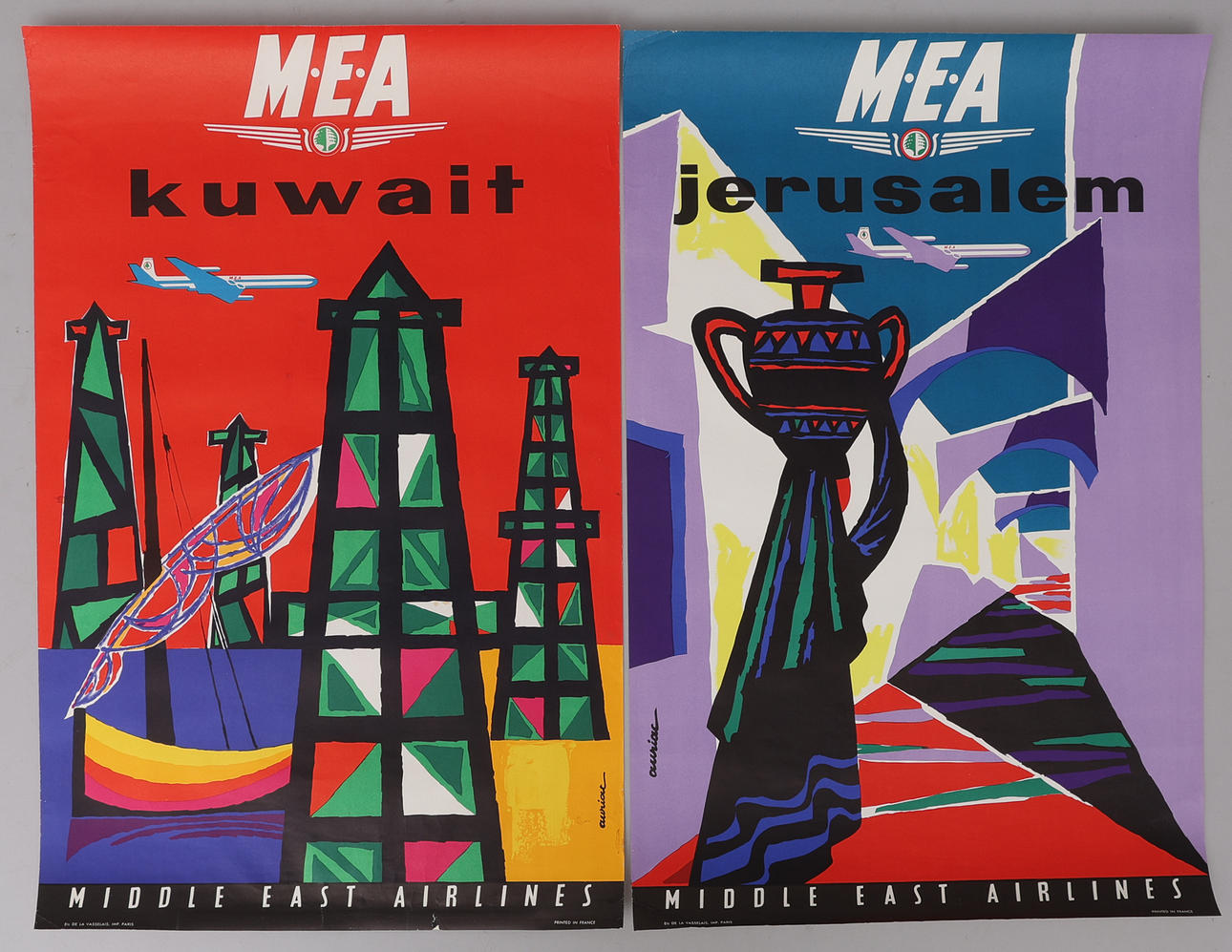 JACQUES AURIAC 1922-2003. TWO LITHOGRAPHIC POSTERS MIDDLE EASTERN AIRLINES, KUWAIT RESP. JERUSALEM, 1961, 1962.