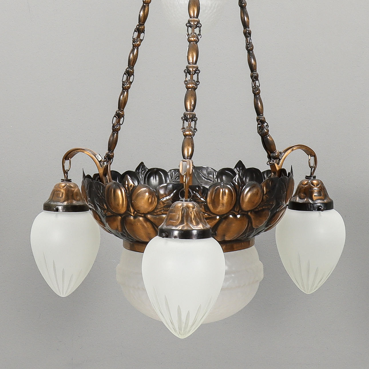 CEILING LAMP Jugend, copper and glass.
