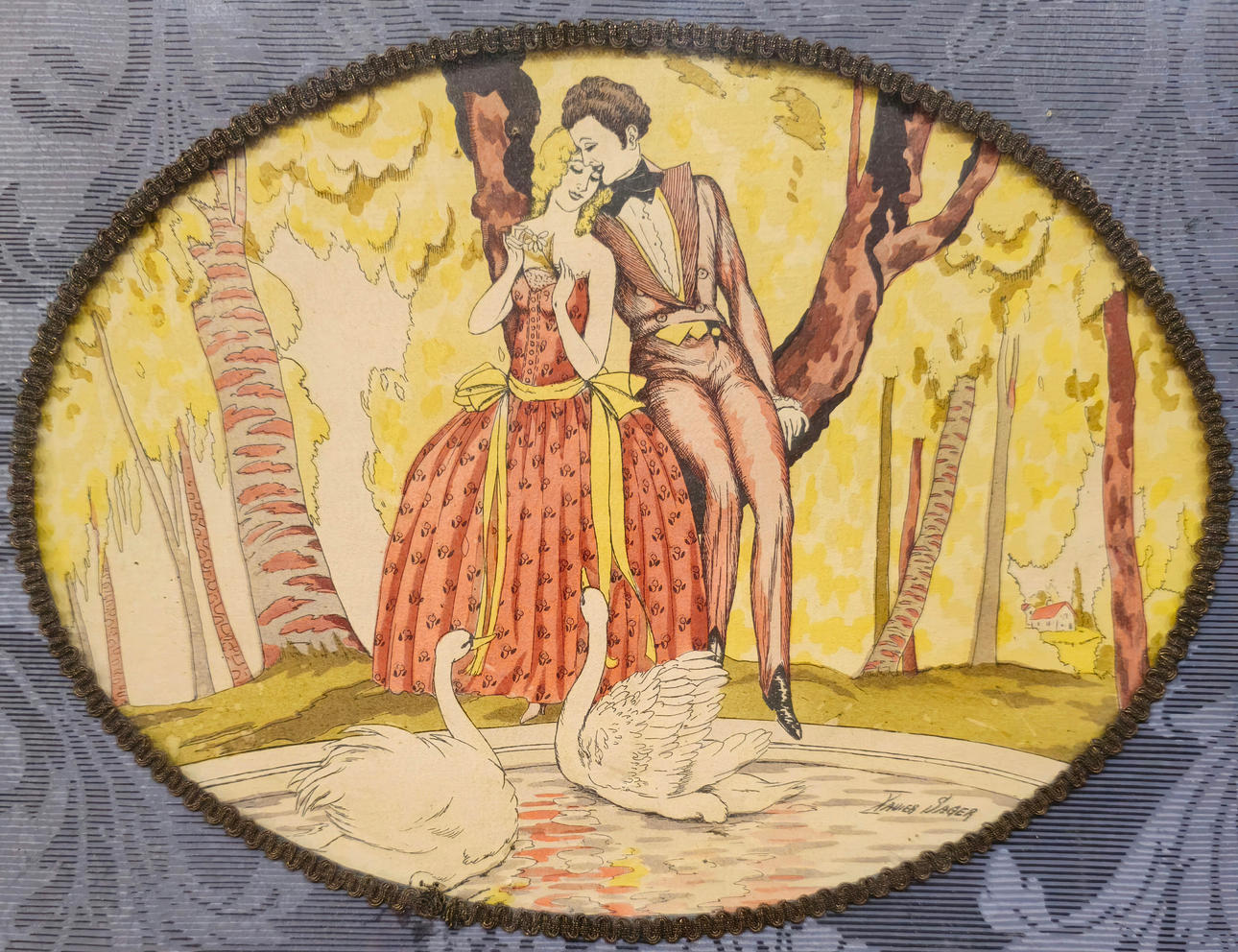 XAVIER SAGER. COLORED LITHOGRAPHIC ENGRAVING. GALLANT SCENE.