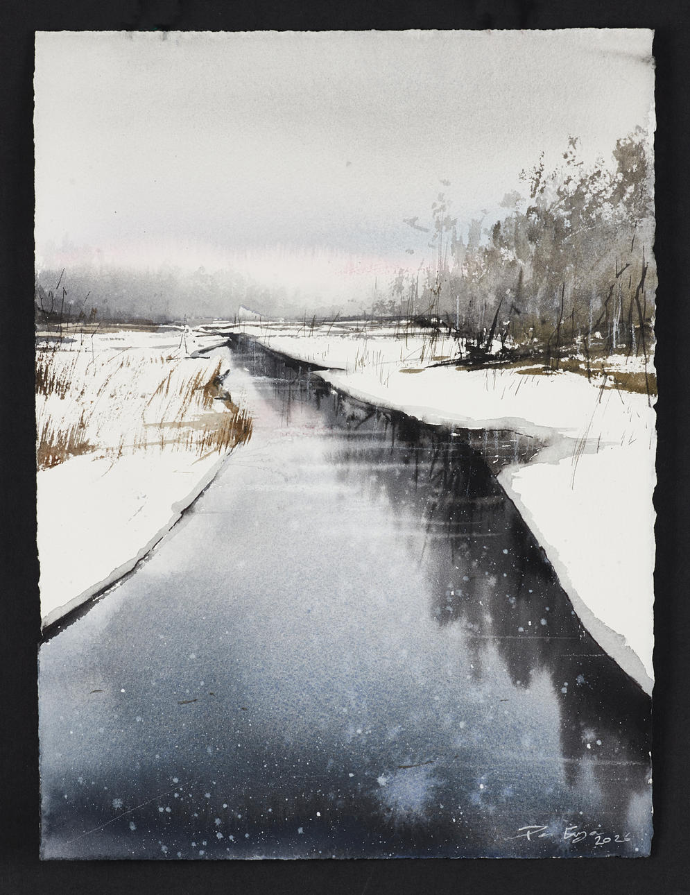 PETER EUGÉN (SVERIGE, FÖDD 1978). Snow-covered landscape, signed and dated 2026, watercolour on thick paper.