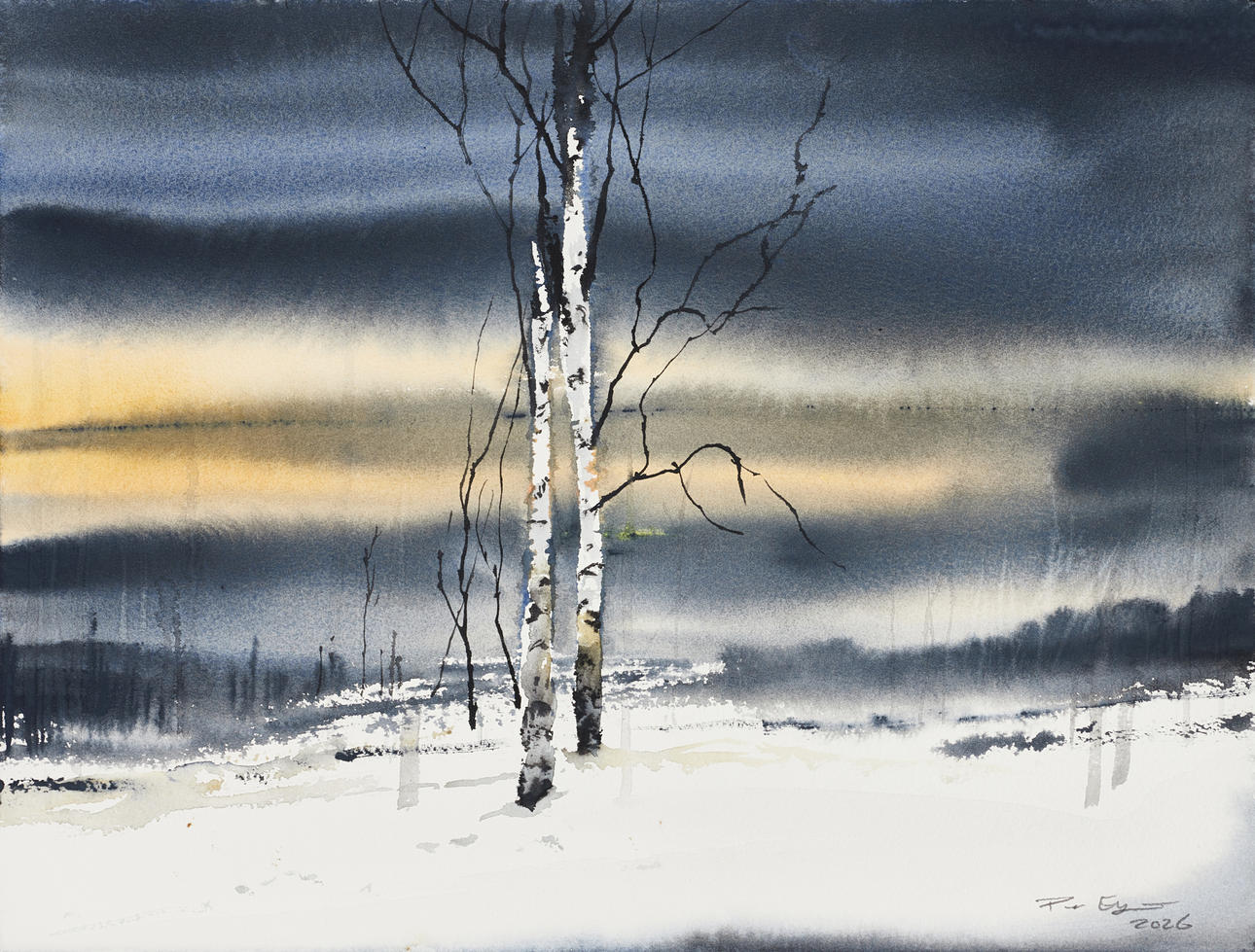 PETER EUGÉN (SVERIGE, FÖDD 1978). Birches at twilight, signed and dated 2026, watercolour on thick paper.