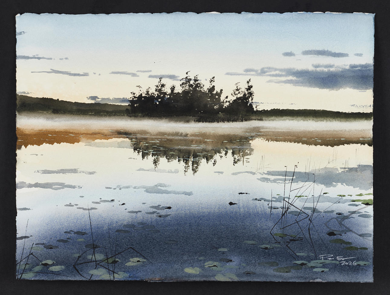 PETER EUGÉN (SVERIGE, FÖDD 1978). Water reflections in dawn light, signed and dated 2026, watercolour on thick paper.