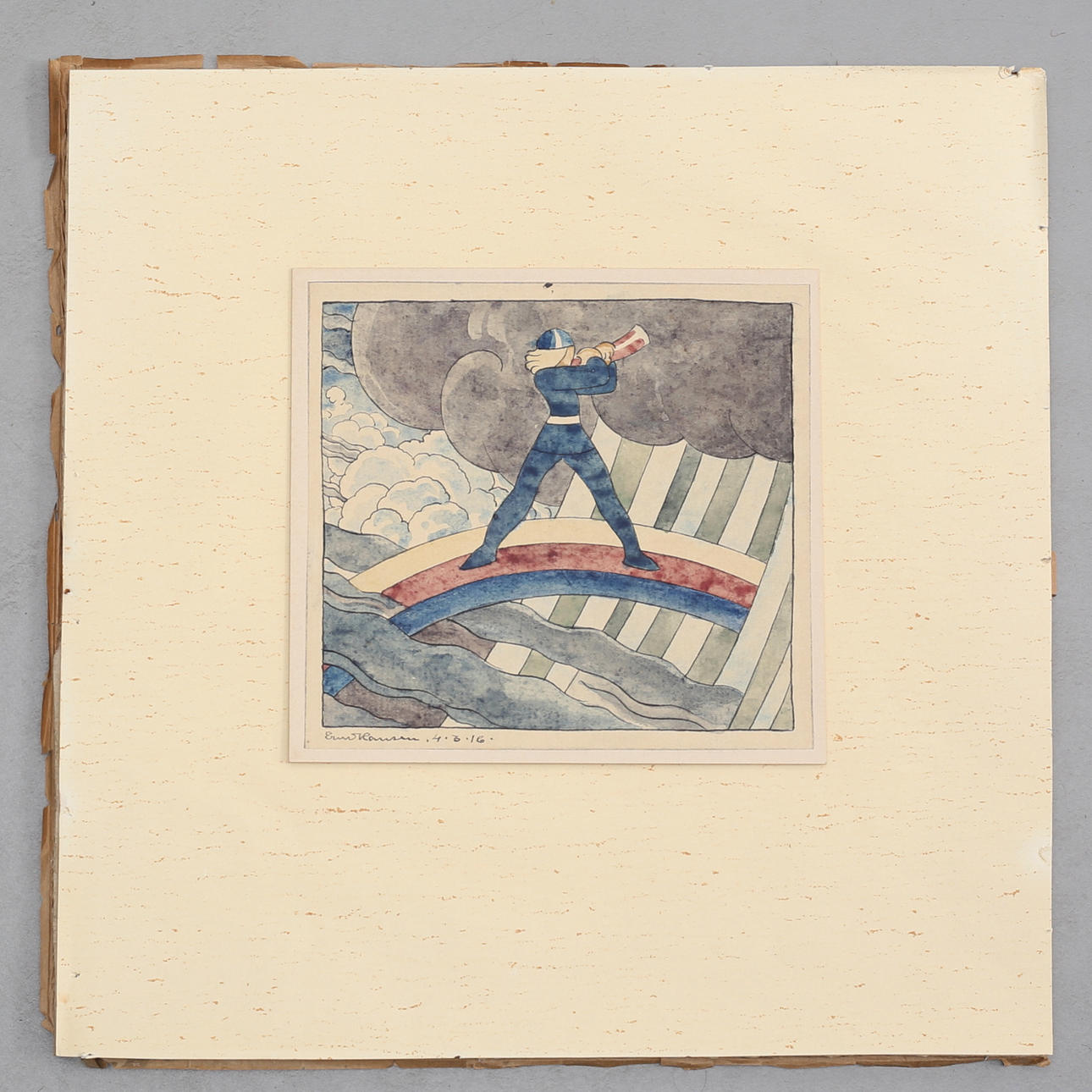 ERNST HANSEN. Heimdall, standing on Bifrost. Watercolour, signed and dated 16.