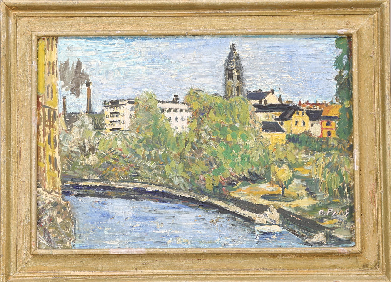 OIDENTIFIERAD KONSTNÄR. TAVLA, olja paannå, signerad O.Paas -49, Norrköpingsmotiv.