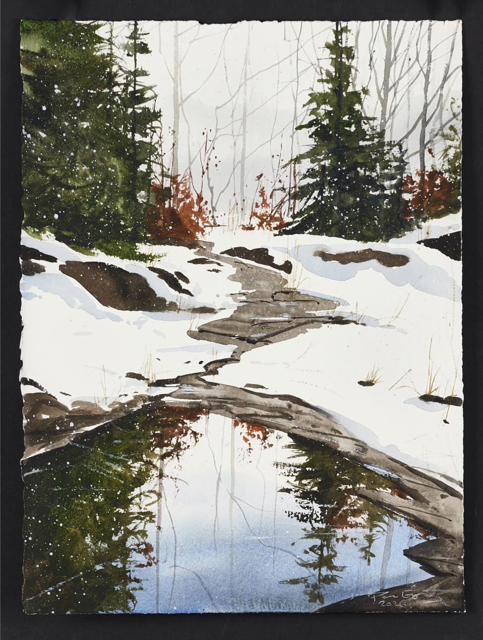 PETER EUGÉN (SVERIGE, FÖDD 1978). Vinterbäck, signed and dated 2026, watercolour on thick paper.