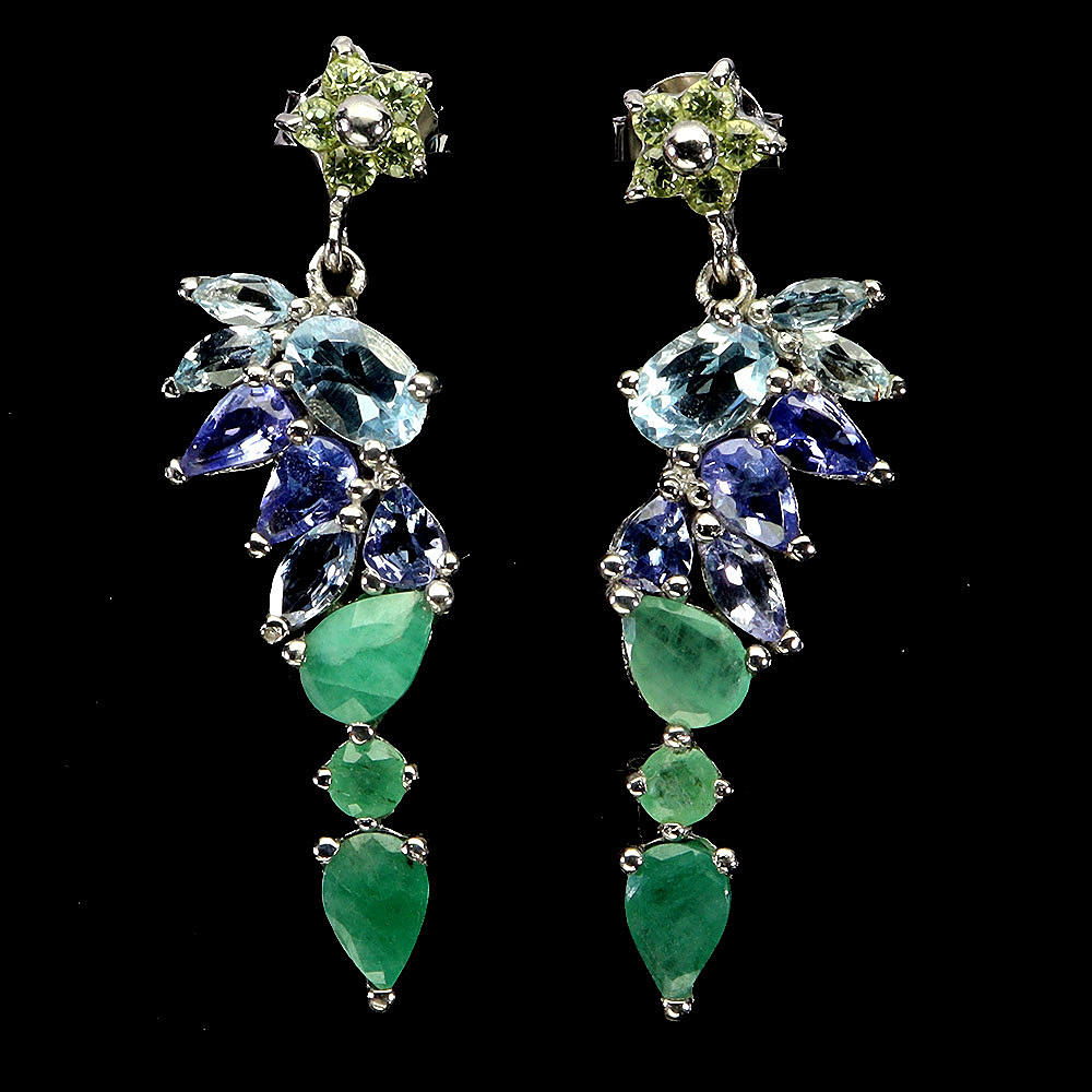 EMERALD, TANZANITE AND BLUE TOPAZ SILVER EARRINGS.