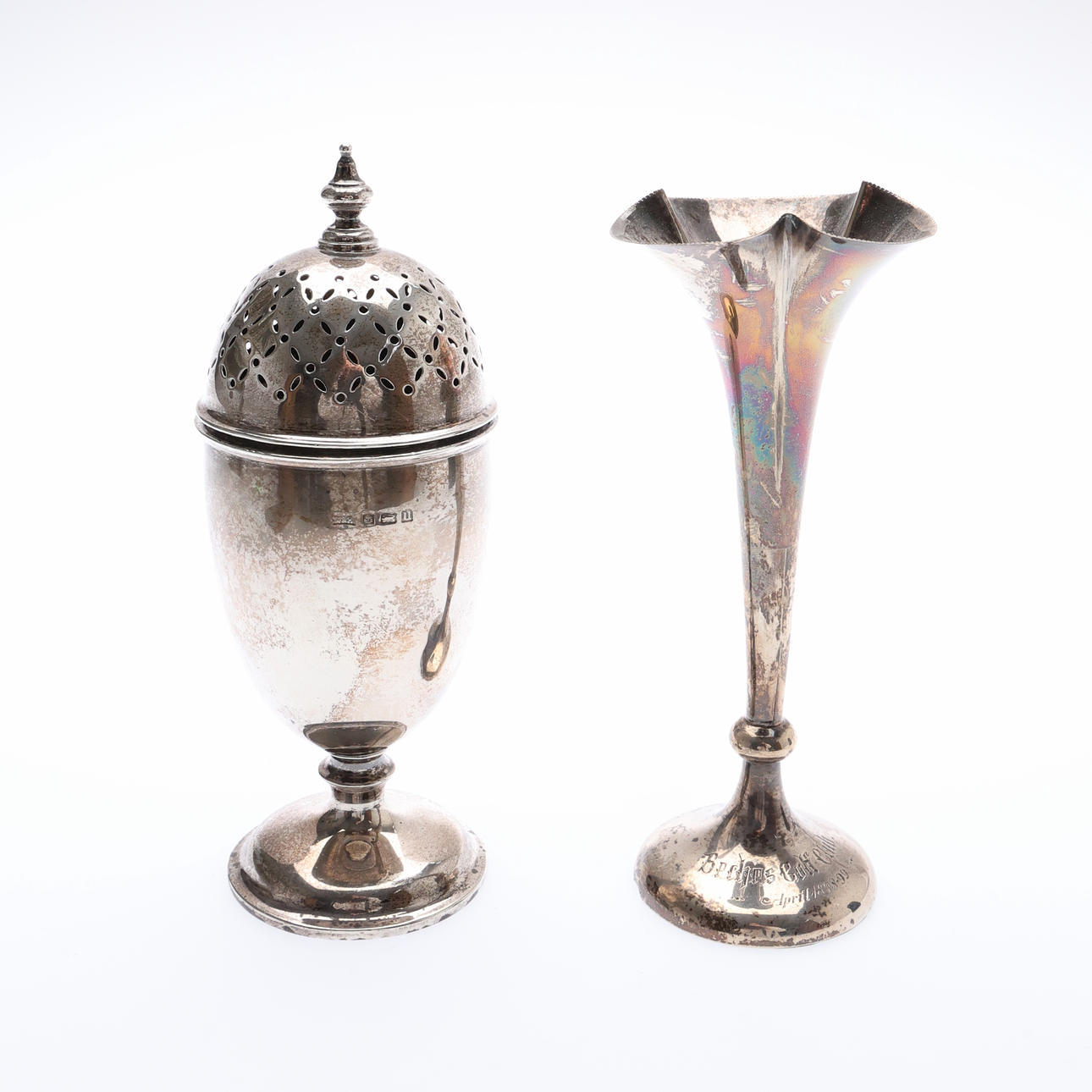GEORGE V SILVER SUGAR CASTER, AND A BUD VASE. (2).