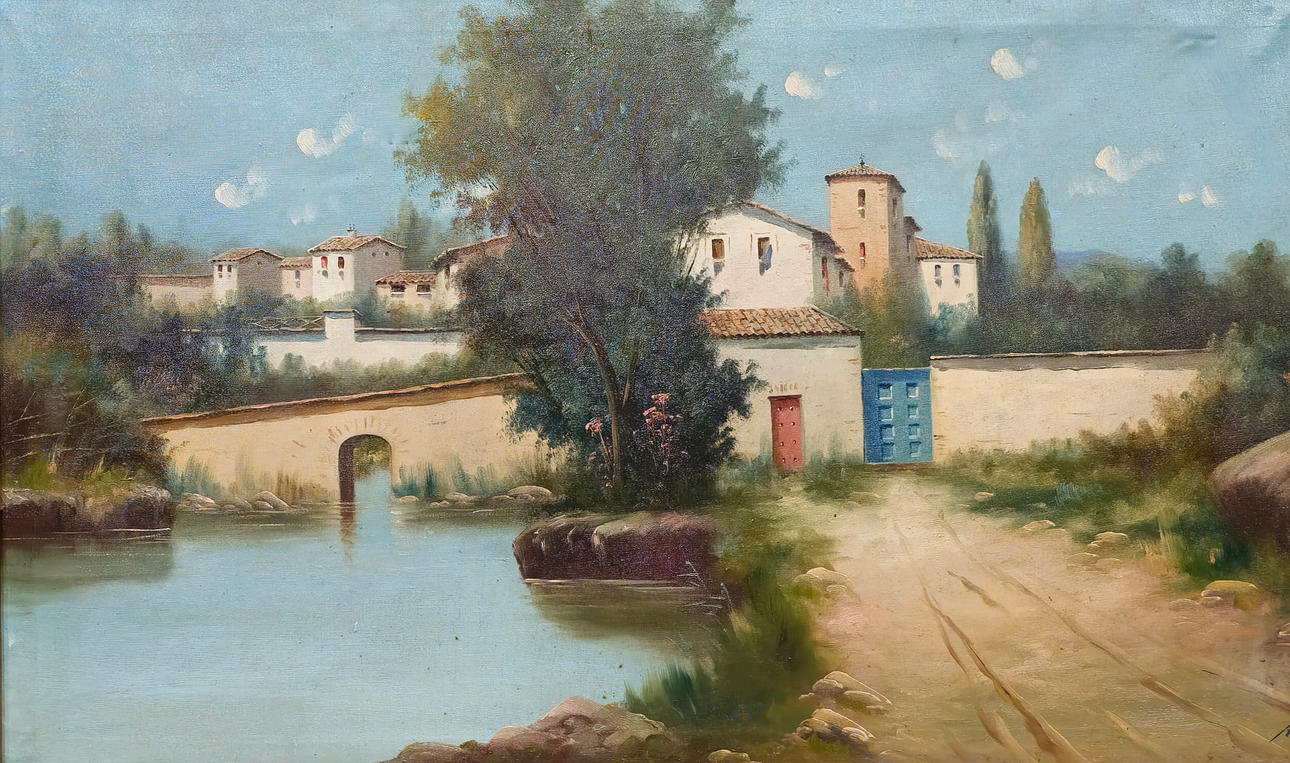 RIVER LANDSCAPE WITH HOUSE. OIL ON CANVAS. SIGNED “ROIG”.