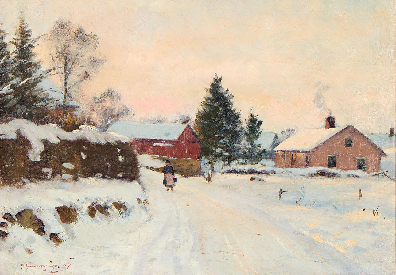 OKÄND KONSTNÄR. Winter image with lonely hiker.