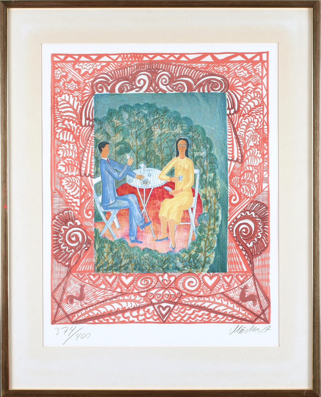 MÅRTEN ANDERSSON. "Kaffedrickarna", färglitografi, signerad och numrerad 374/400.