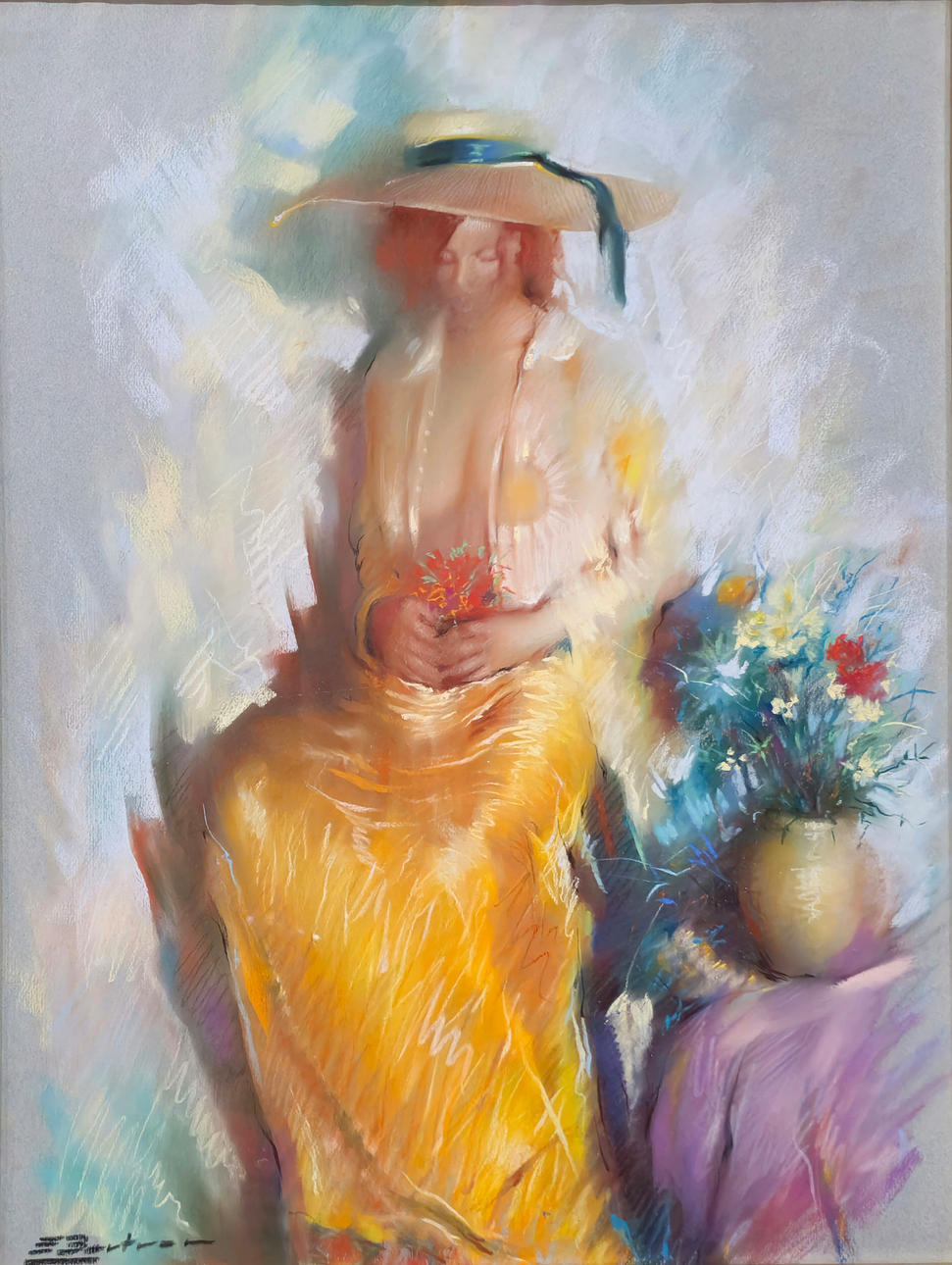 YOUNG MAN WITH FLOWERS. PASTEL ON PAPER. SIGNED “E BERTRAN”.