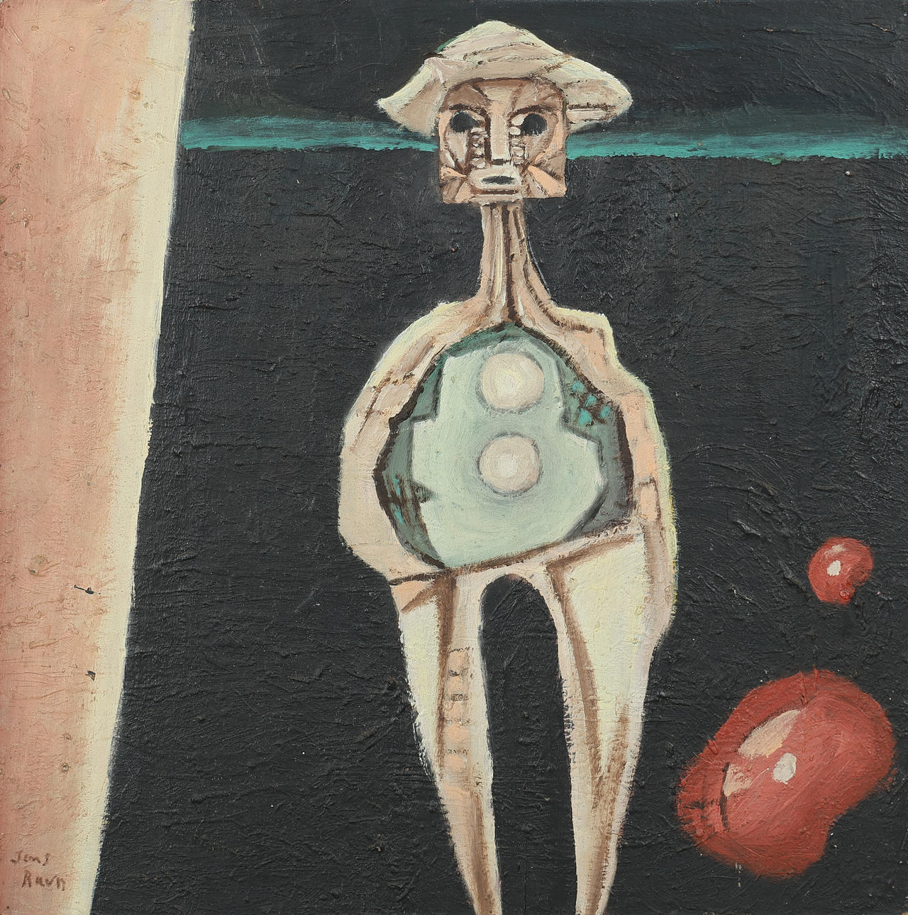 JENS RAVN (1907-88). Komposition med figur, olie på plade, signeret ...