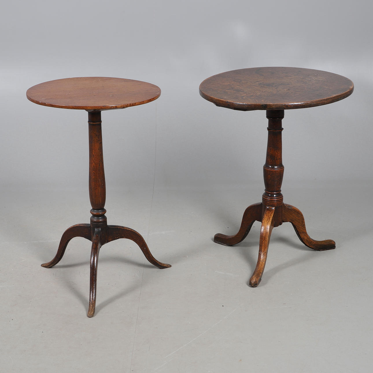 AN 19TH CENTURY OAK TRIPOD TABLE AND ANOTHER.