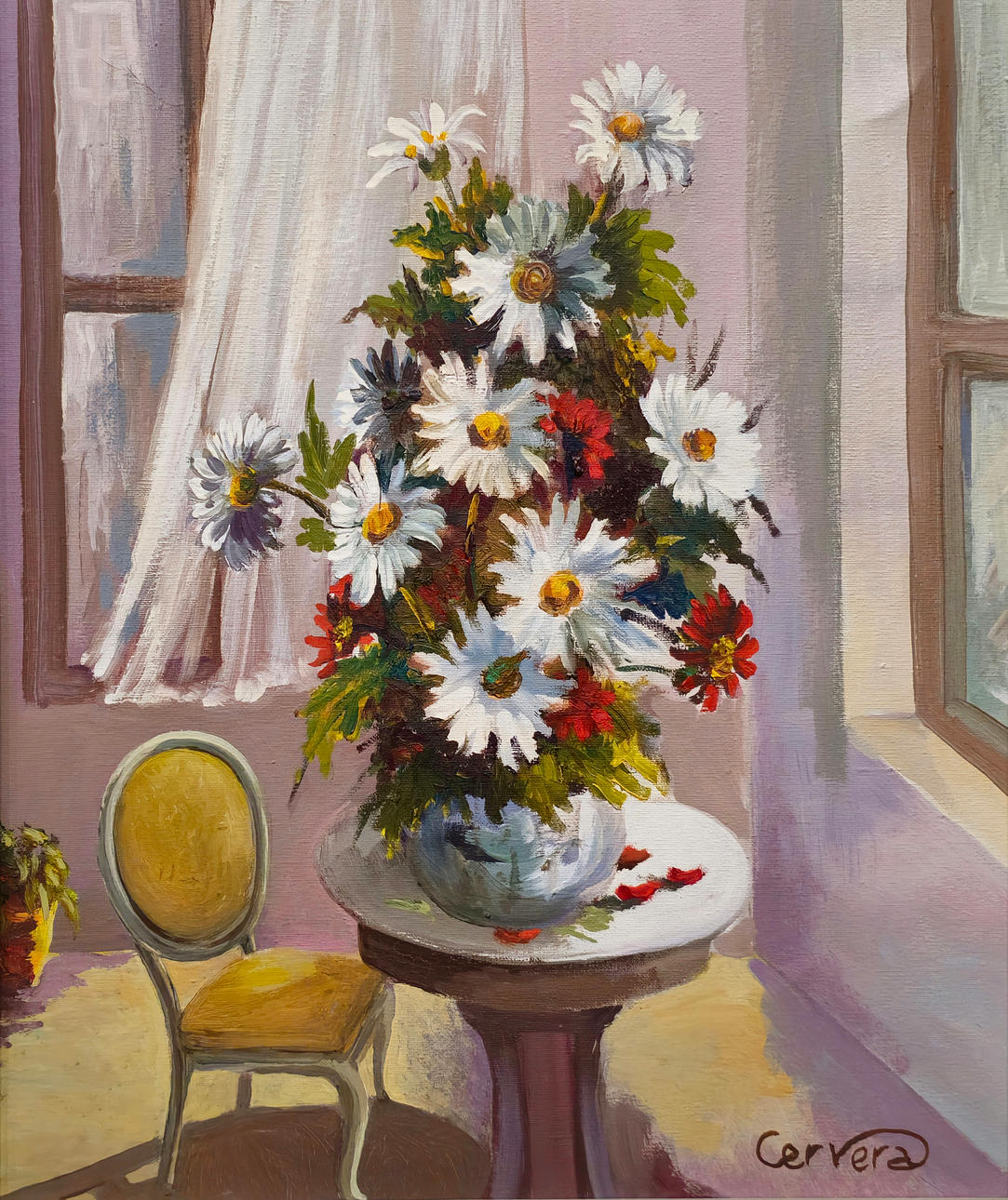 INTERIOR VIEW WITH FLOWERS. SIGNED CERVERA.