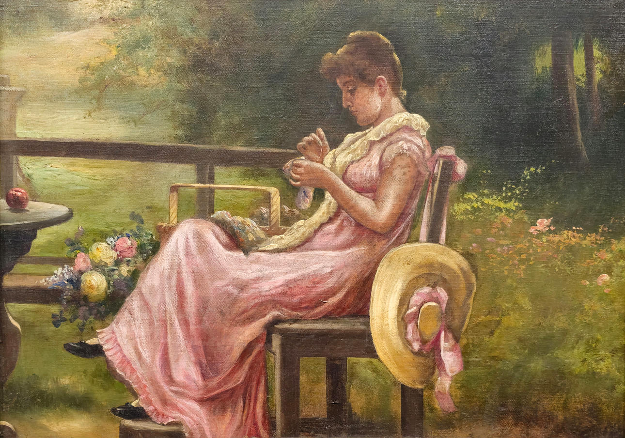 YOUNG MAN SEWING. OIL ON CANVAS. ANONYMOUS.