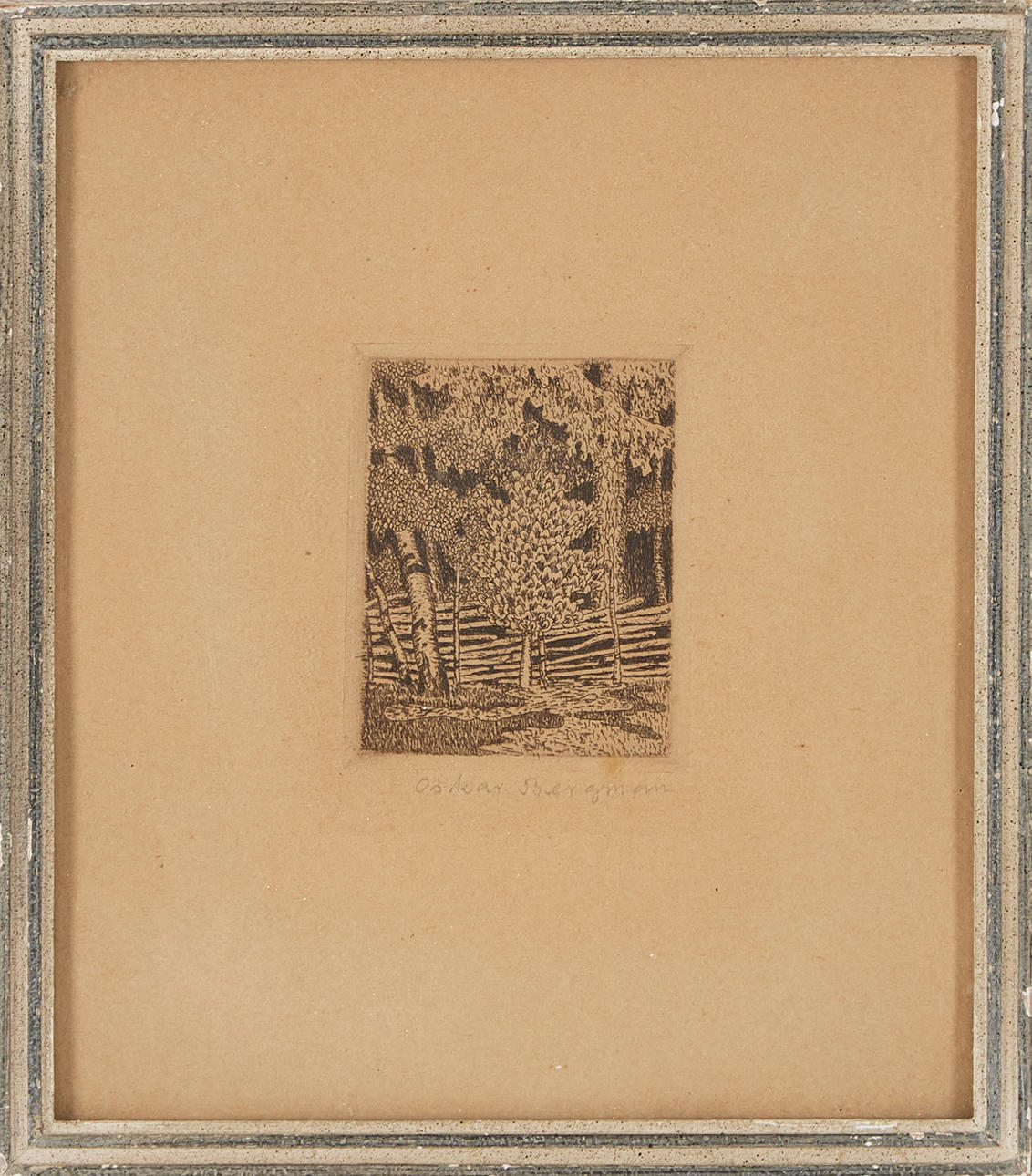 OSKAR BERGMAN. Tree at Gärdsgård, etching, signed.