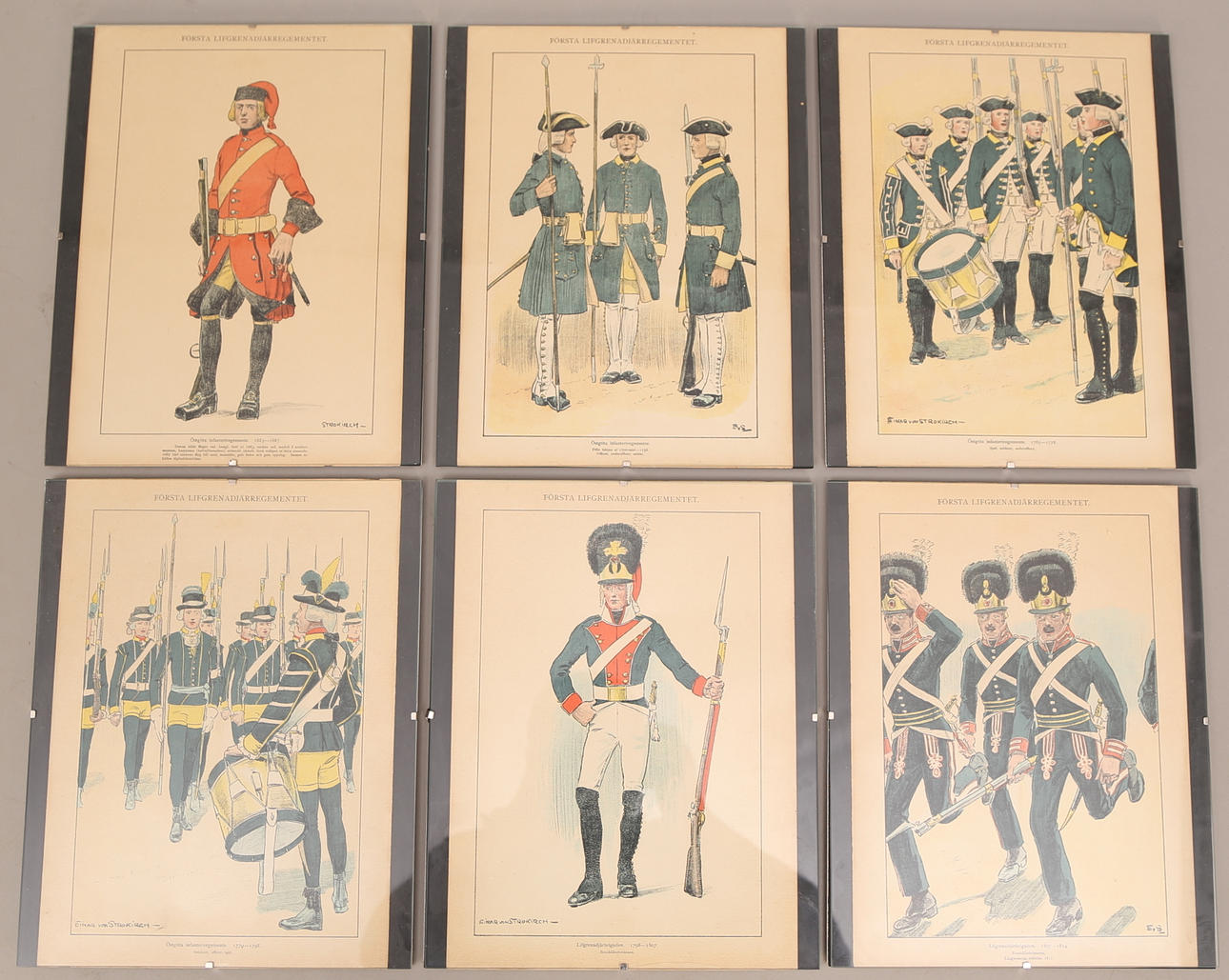EINAR VON STROKIRCH. EFTER. SOLDATTAVLOR, 6 st, tryck efter Einar von Strokirch, soldatmotiv.