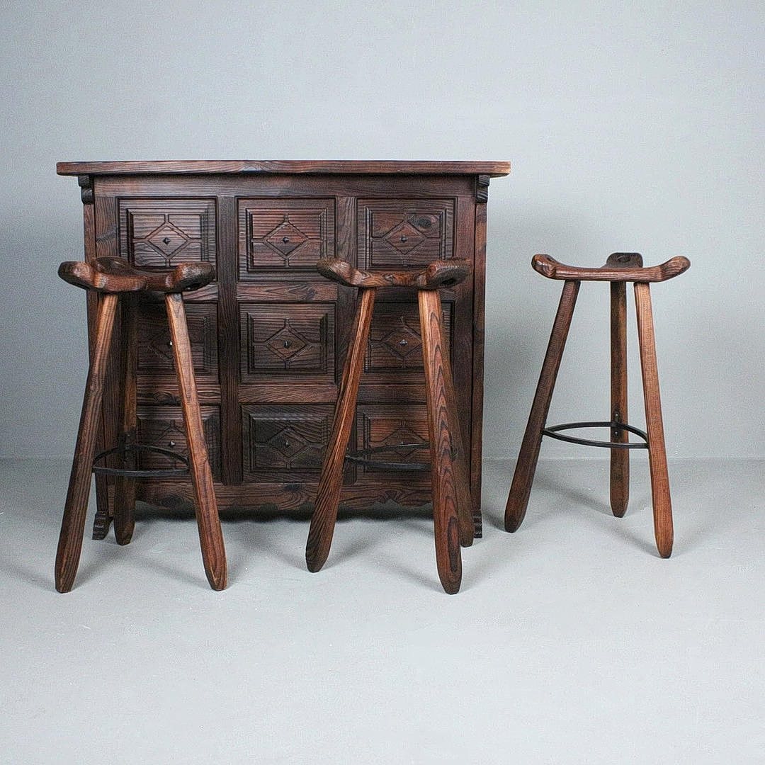 Brutalist bar with three stools, Spain, 1960s.