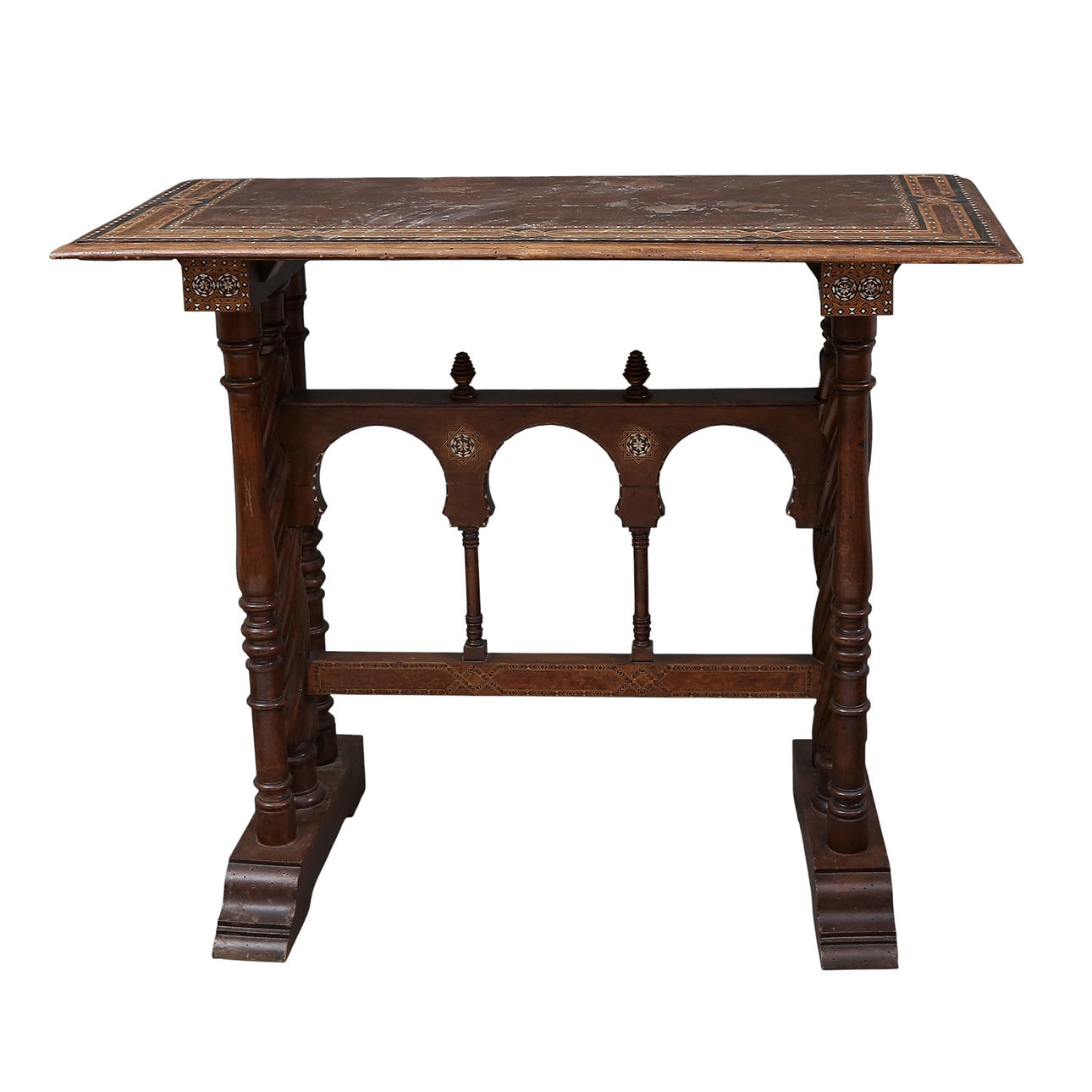 GRANADA bridge table/base in walnut with block marquetry, 19th century.