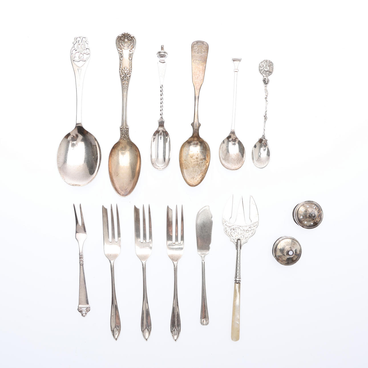 ASSORTED SILVER SPOONS, FORKS, ETC.