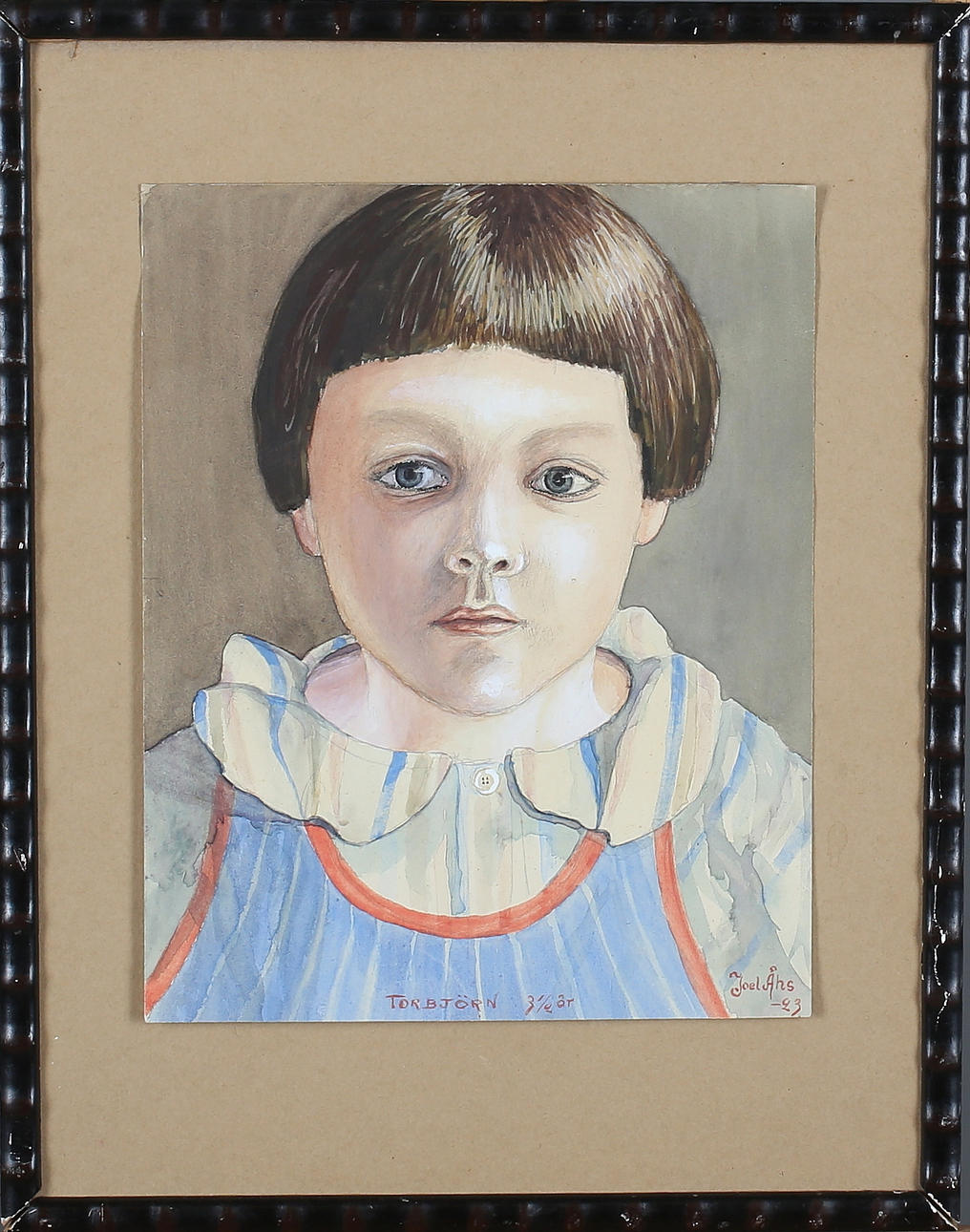 OIDENTIFIERAD KONSTNÄR. "Porträtt Torbjörn 3 1/2 år", akvarell, signerad Joel Åhs samt daterad -23.