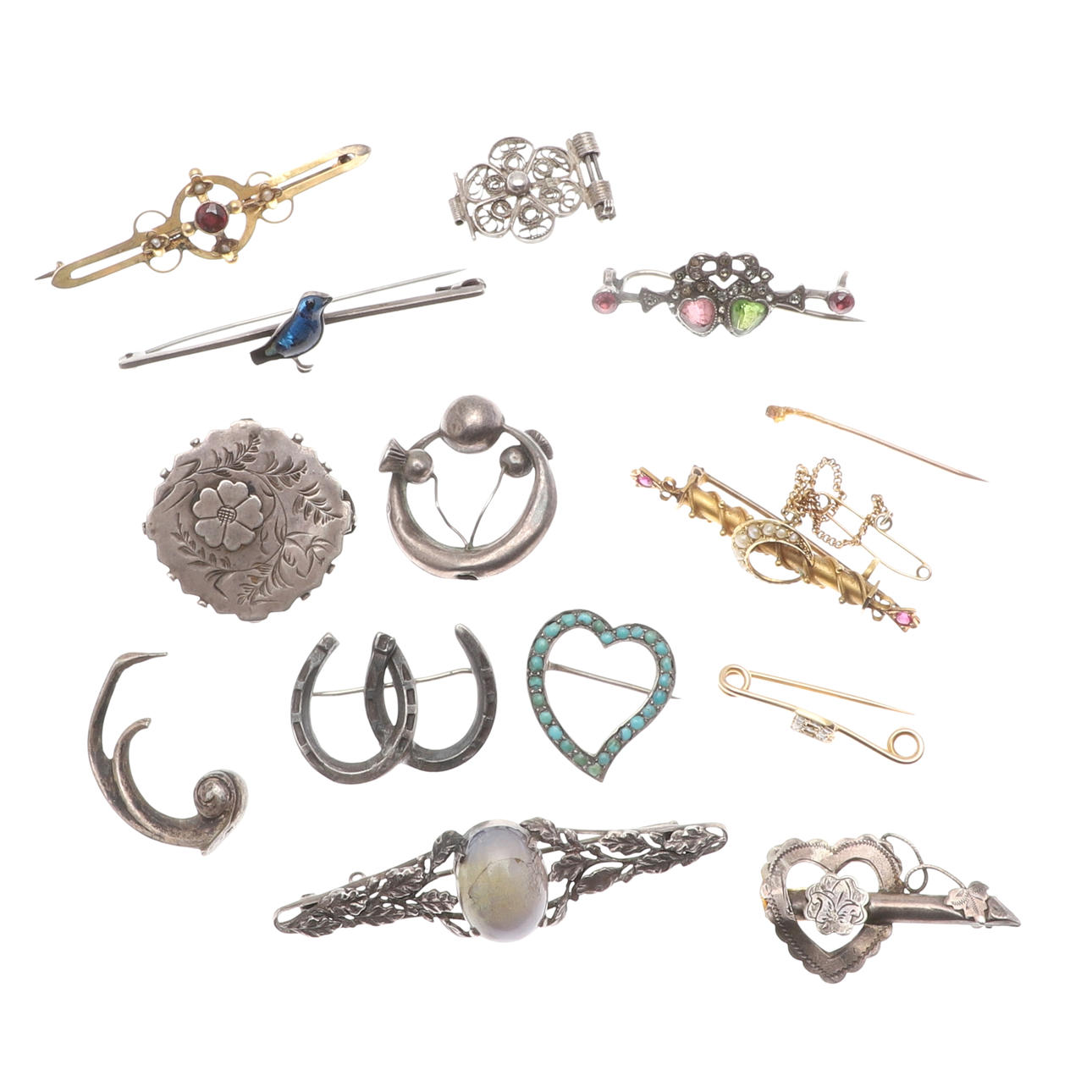 THREE GOLD BROOCHES, SILVER ITEMS ETC.