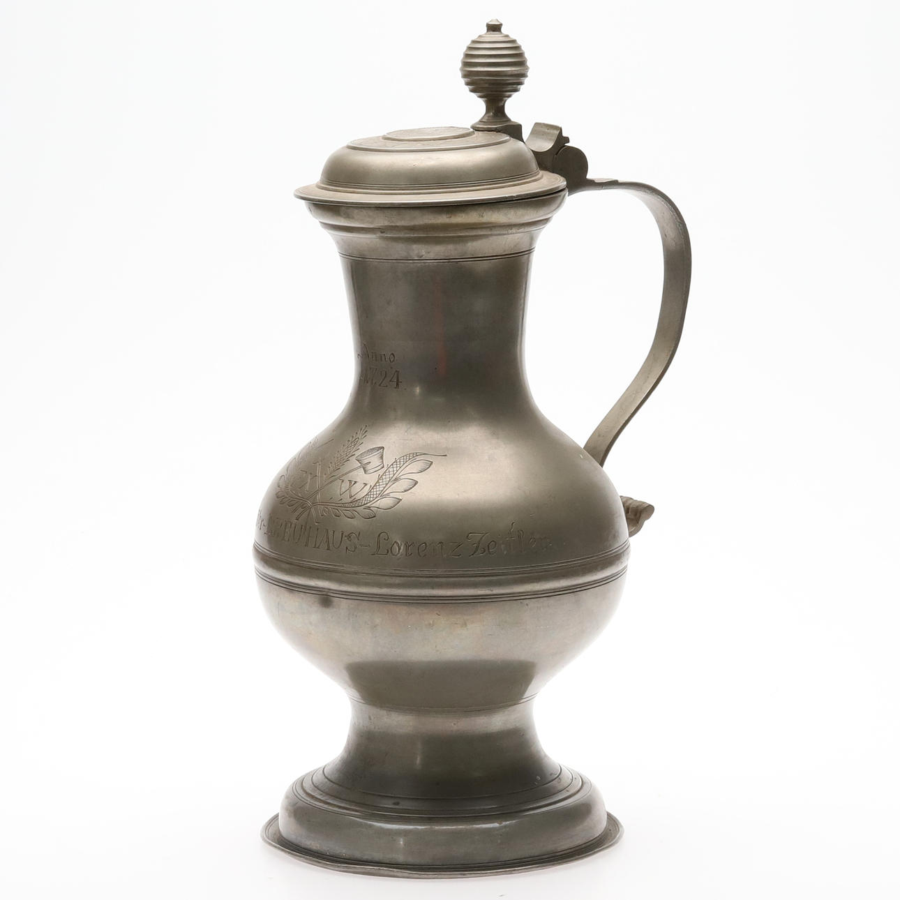 JUG. Tin, marked anno 1724. Germany.