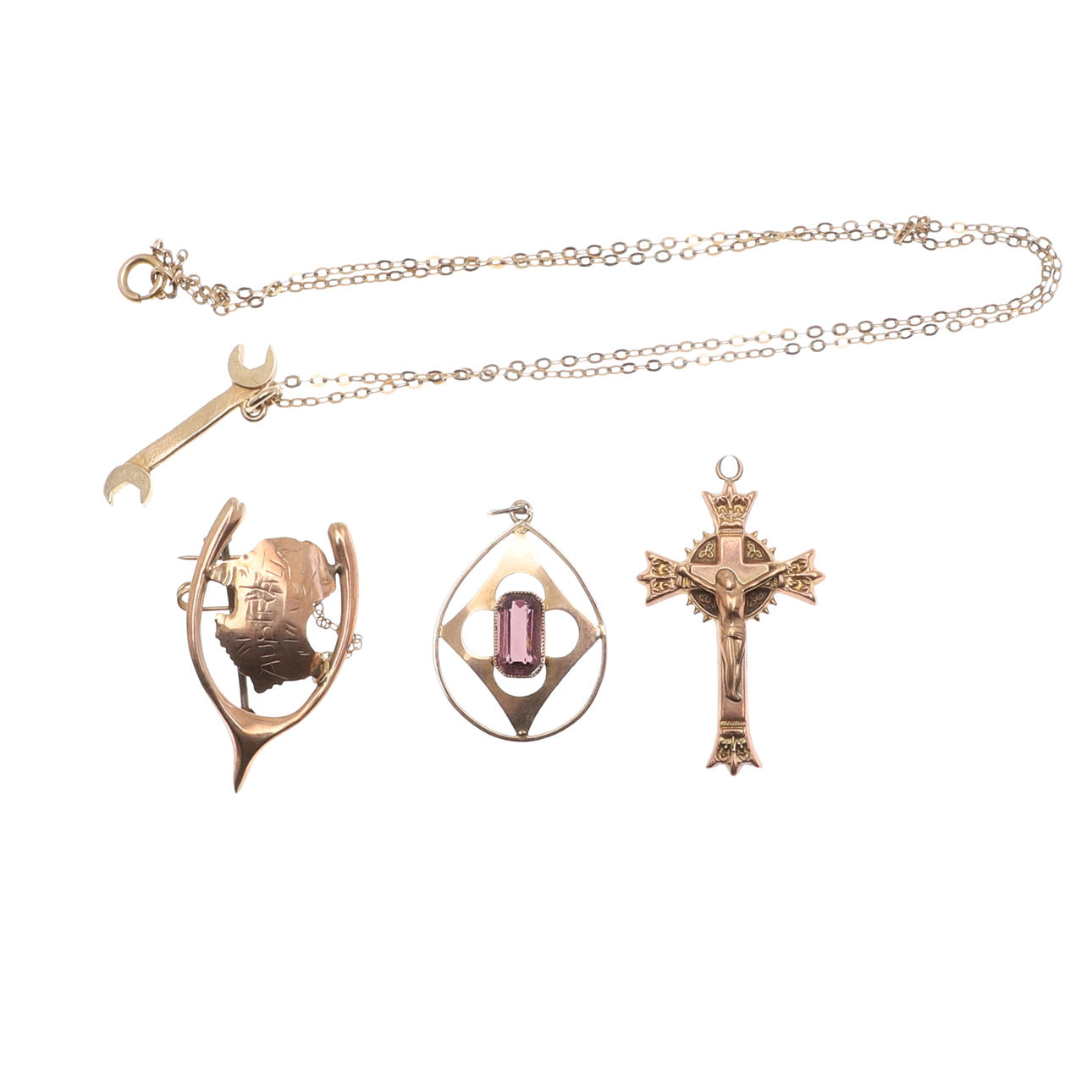 A 9CT GOLD CRUCIFIX , PENDANT ETC.