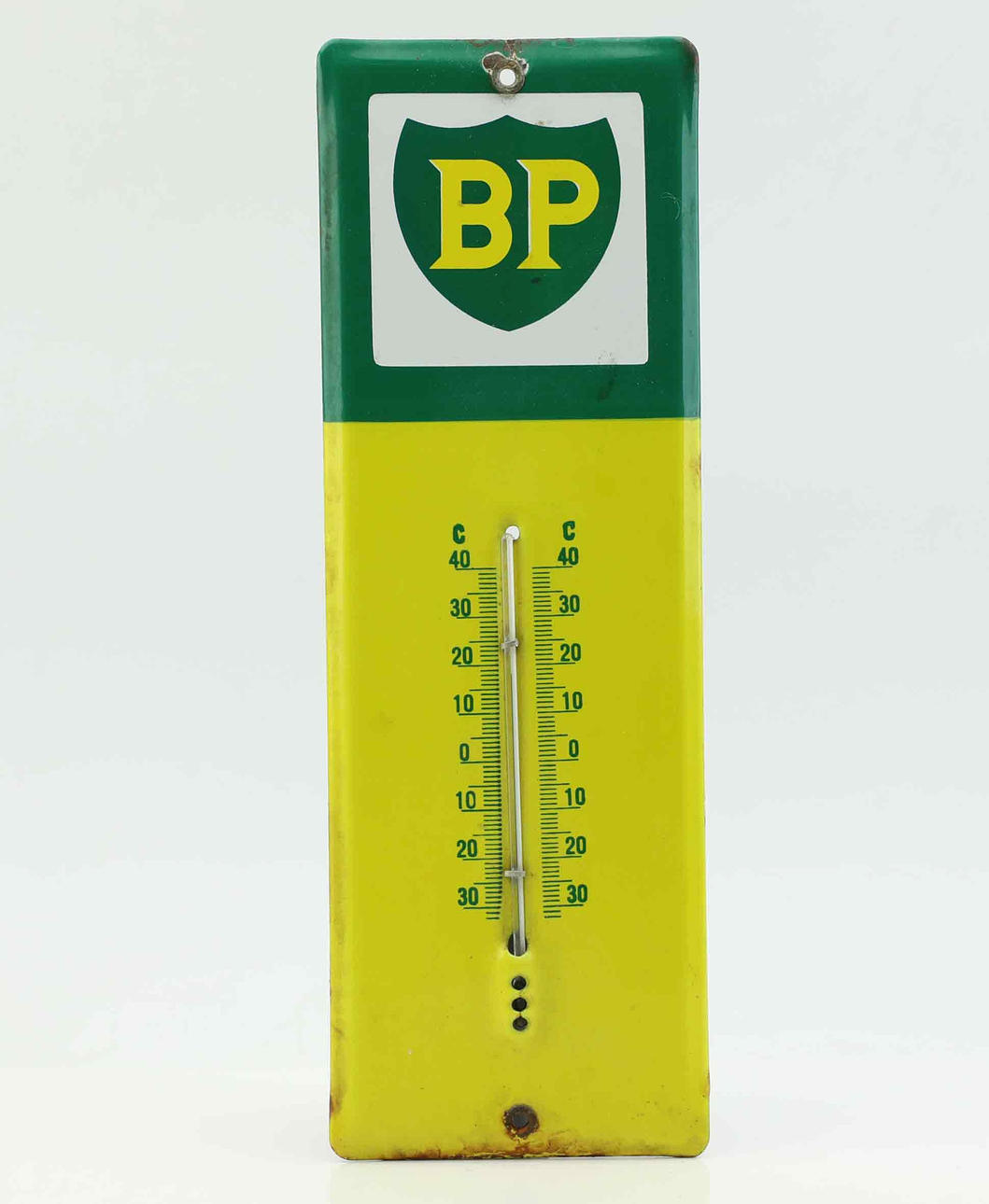 Enamel lamp with thermometer, BP, 1950's.