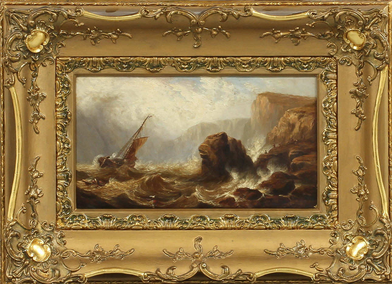 OIDENTIFIERAD KONSTNÄR. Kustbild med fartyg, olja på duk, signerad, 1800-tal.