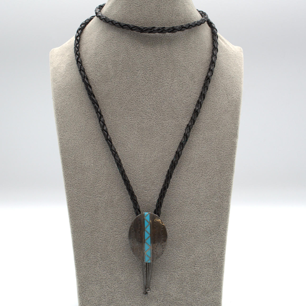 BOLO TIE, NAVAJO STERLING SILVER WITH BORDERED TURQUOISE AND BRAIDED ...