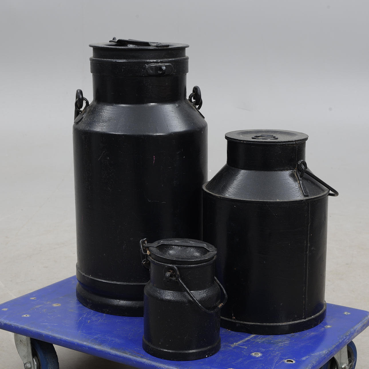 MILK JUGS, 3 pieces, painted.