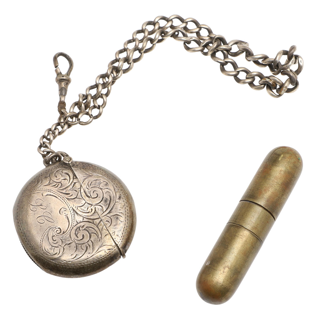 A CIRCULAR SILVER VESTA CASE ON CHAIN AND A BRASS LIGHTER.